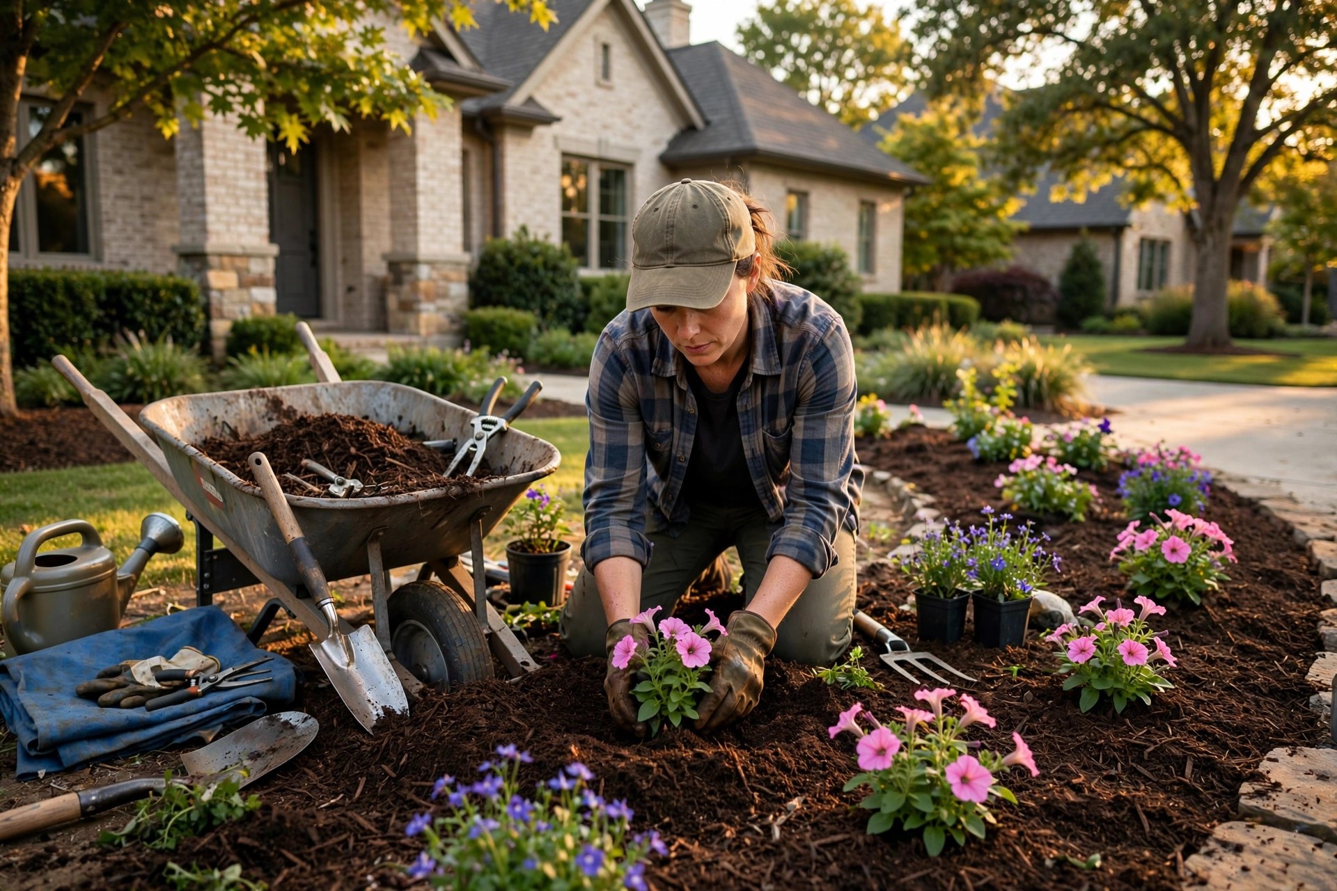 Landscaper planting flowers in a freshly mulched garden bed in front of a suburban home