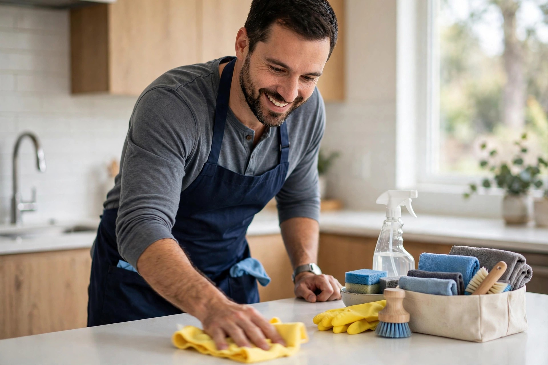 How Much Do Google Ads Cost for Cleaning Companies? Cleaning company team member wiping down a spotless modern kitchen counter with organized supplies