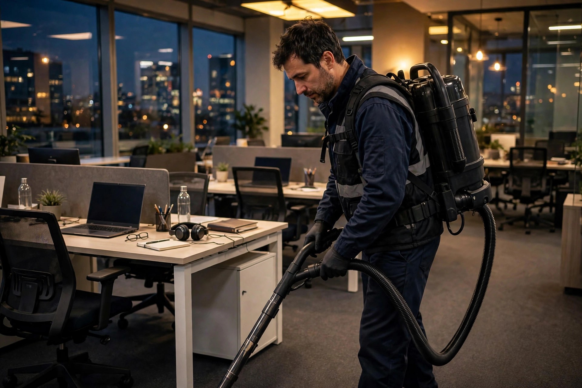 How Much Do Google Ads Cost for Cleaning Companies? Commercial cleaning crew member vacuuming a modern office space in the evening
