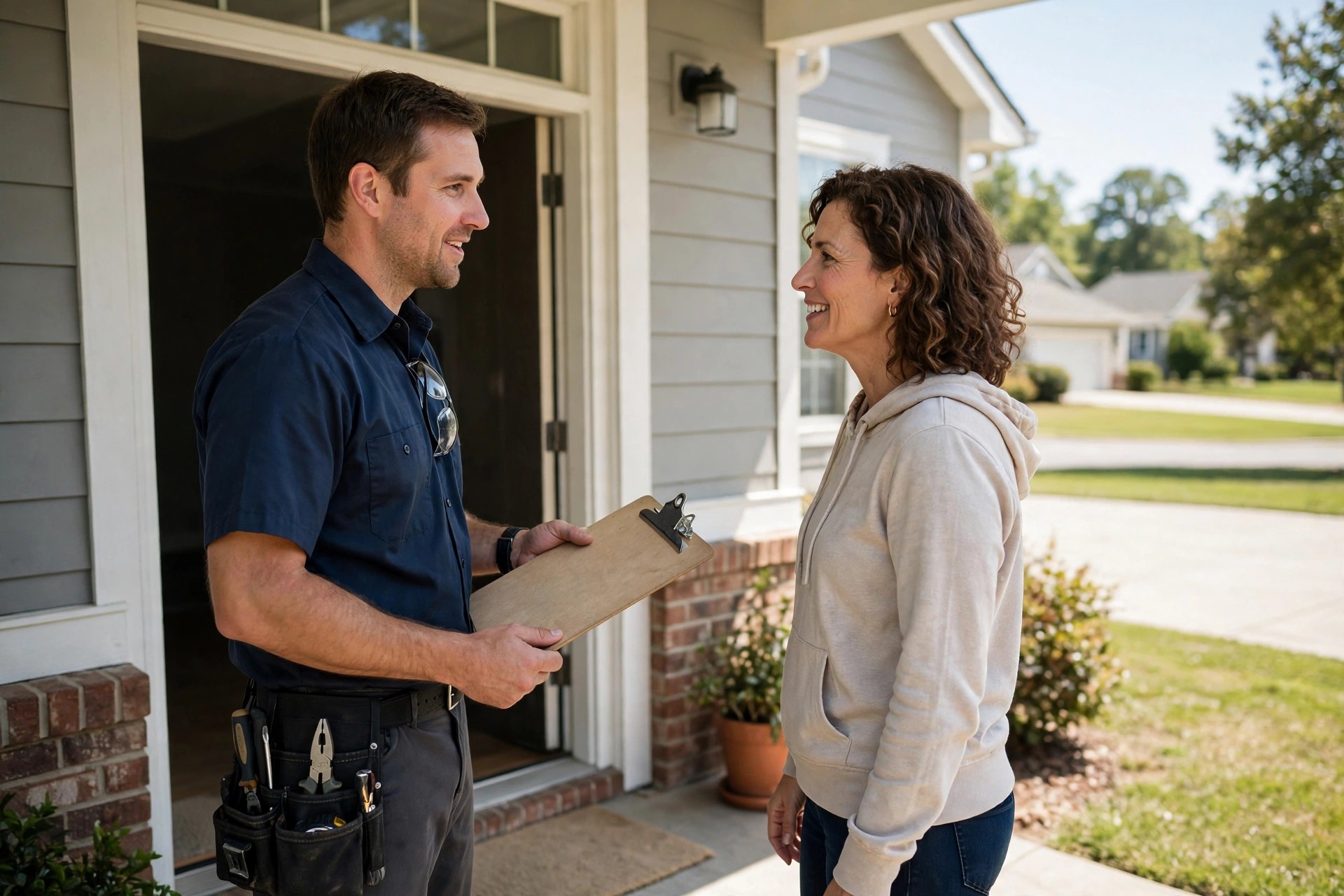 HVAC technician talking with a homeowner at the front door of a suburban house with a service van in the driveway