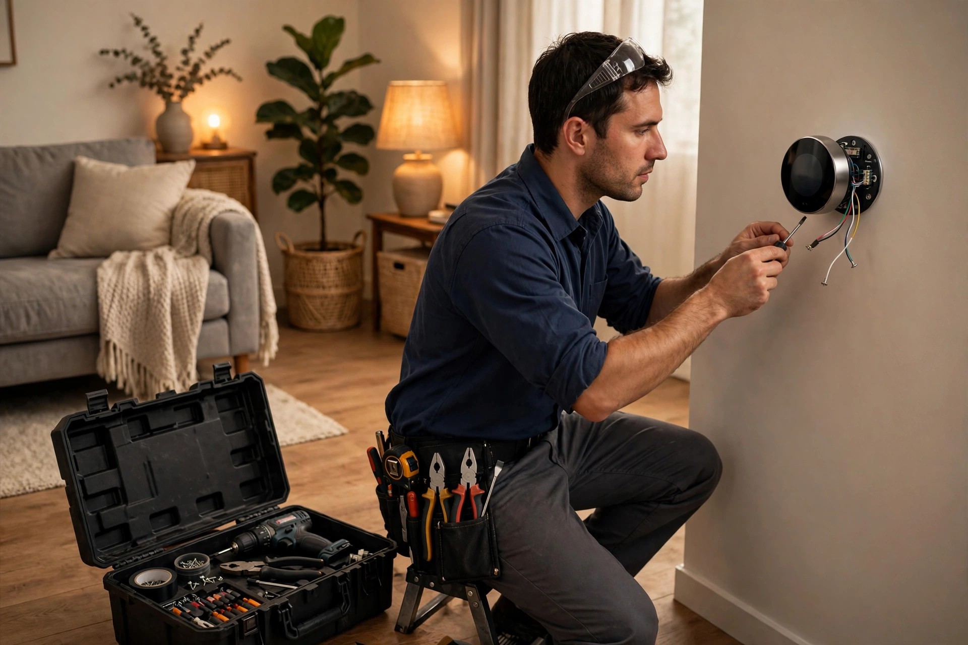 HVAC technician installing a modern smart thermostat on a living room wall