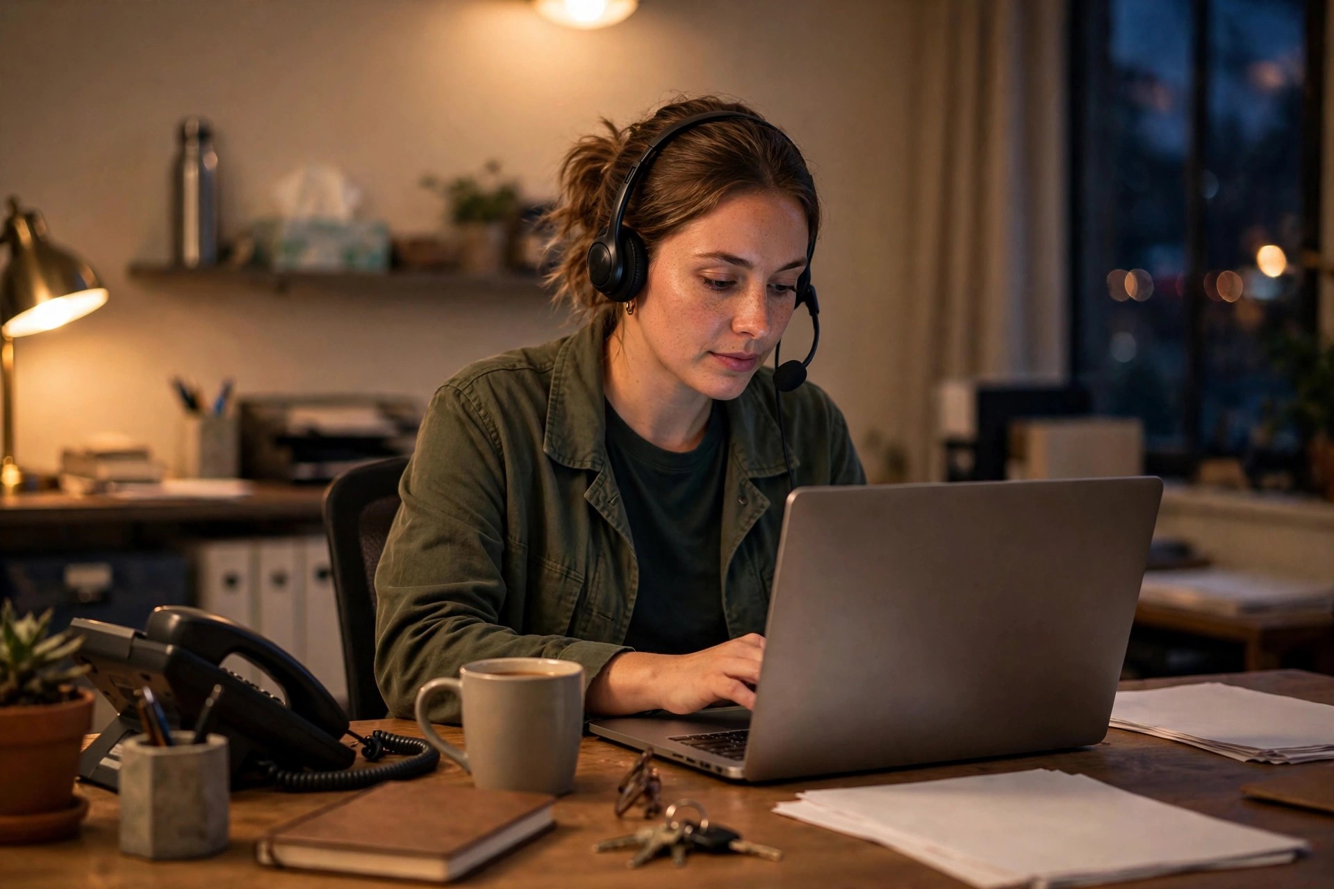 Customer service representative with a headset working at a desk in a home services office