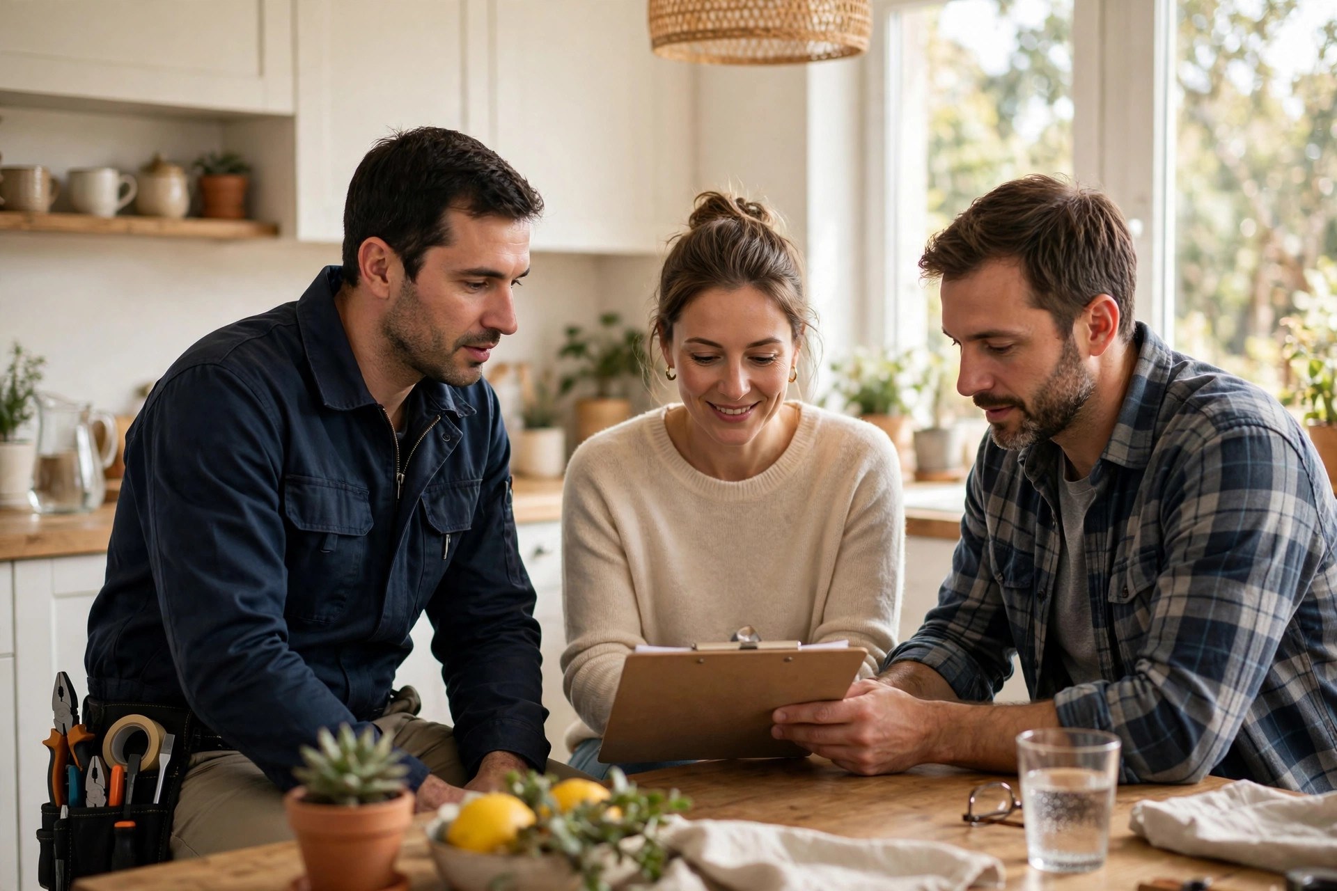 Lead Follow-Up Automation for Electricians: Win More Quotes Without More Ads Electrician reviewing an estimate with a homeowner couple at a kitchen table