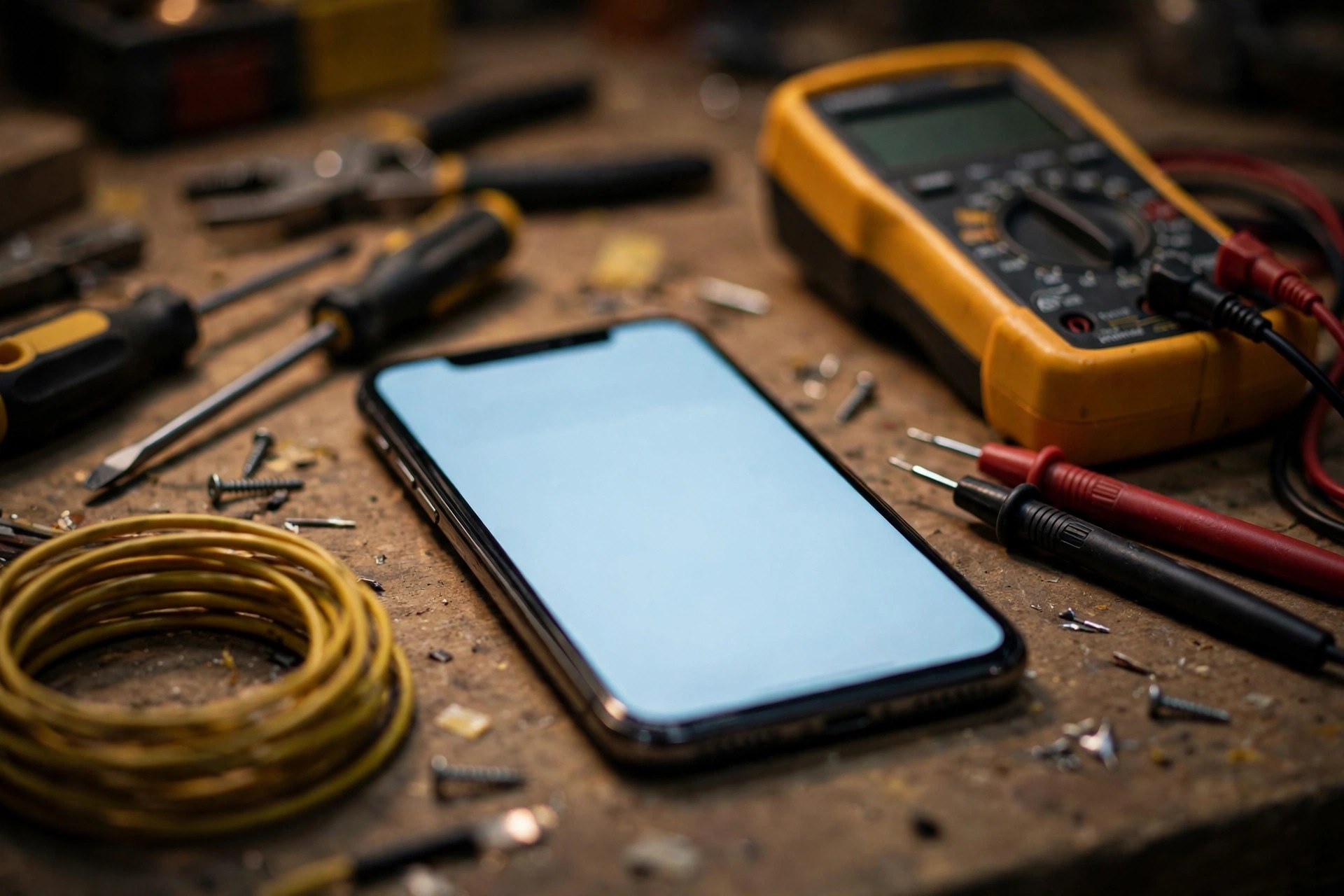 Lead Follow-Up Automation for Electricians: Win More Quotes Without More Ads Smartphone with a glowing screen on an electrician's workbench beside a multimeter and tools