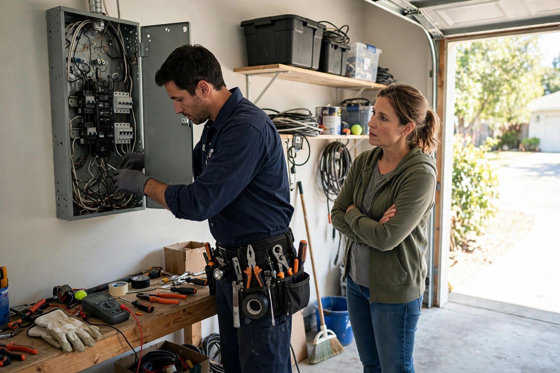 Lead Follow-Up Automation for Electricians: Win More Quotes Without More Ads Electrician opening a residential breaker panel in a garage while a homeowner watches