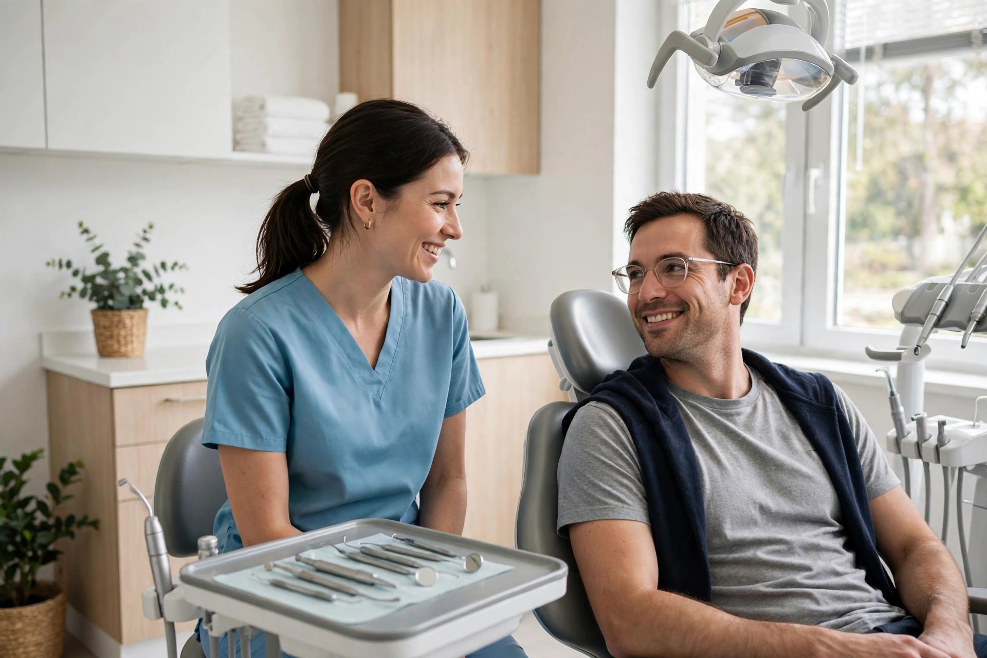 SMS Marketing for Dentists: Fill Chairs Without Discounting Dental hygienist chatting warmly with a relaxed patient in a modern dental chair
