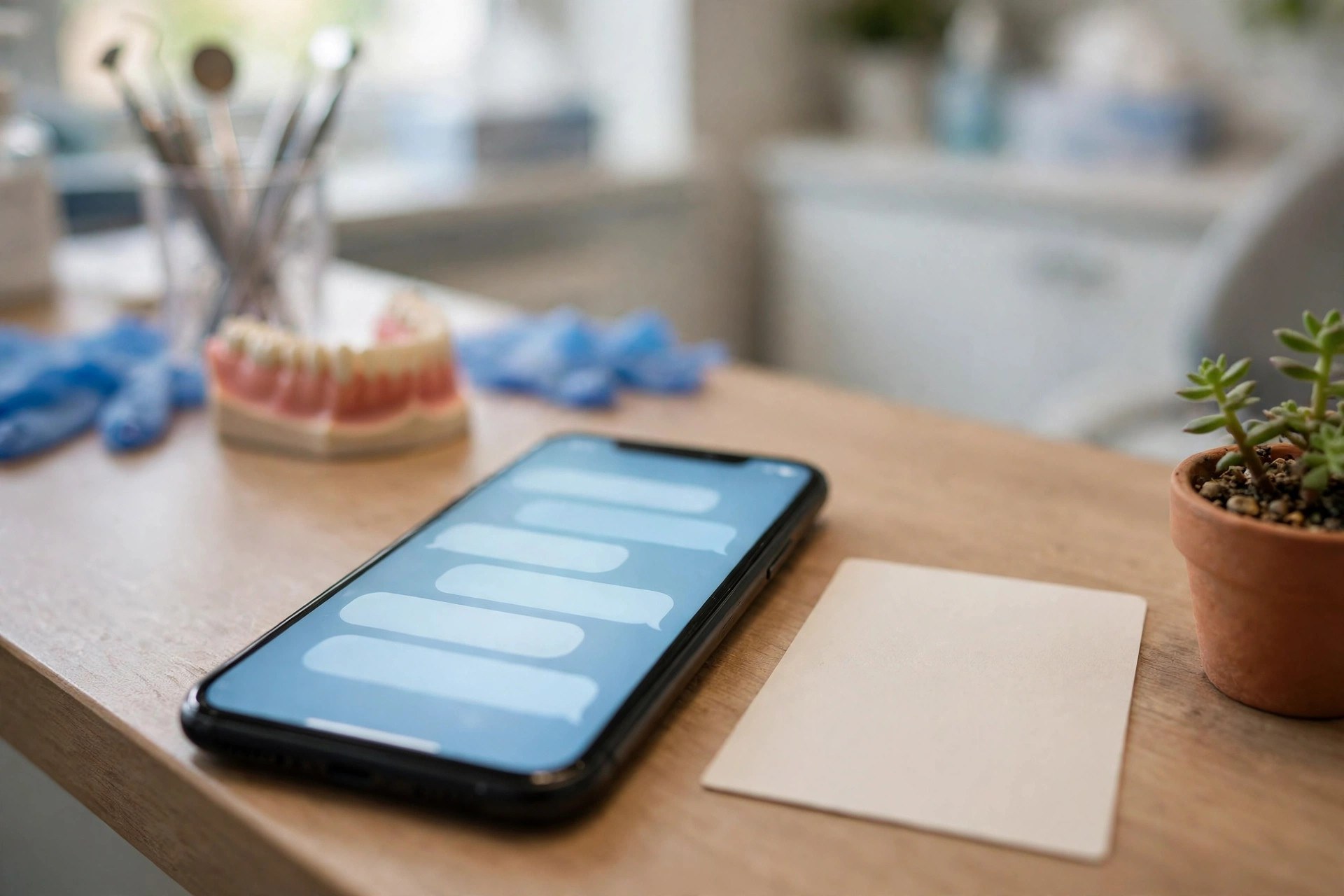 SMS Marketing for Dentists: Fill Chairs Without Discounting Smartphone with a glowing screen on a dental office front desk next to an appointment card