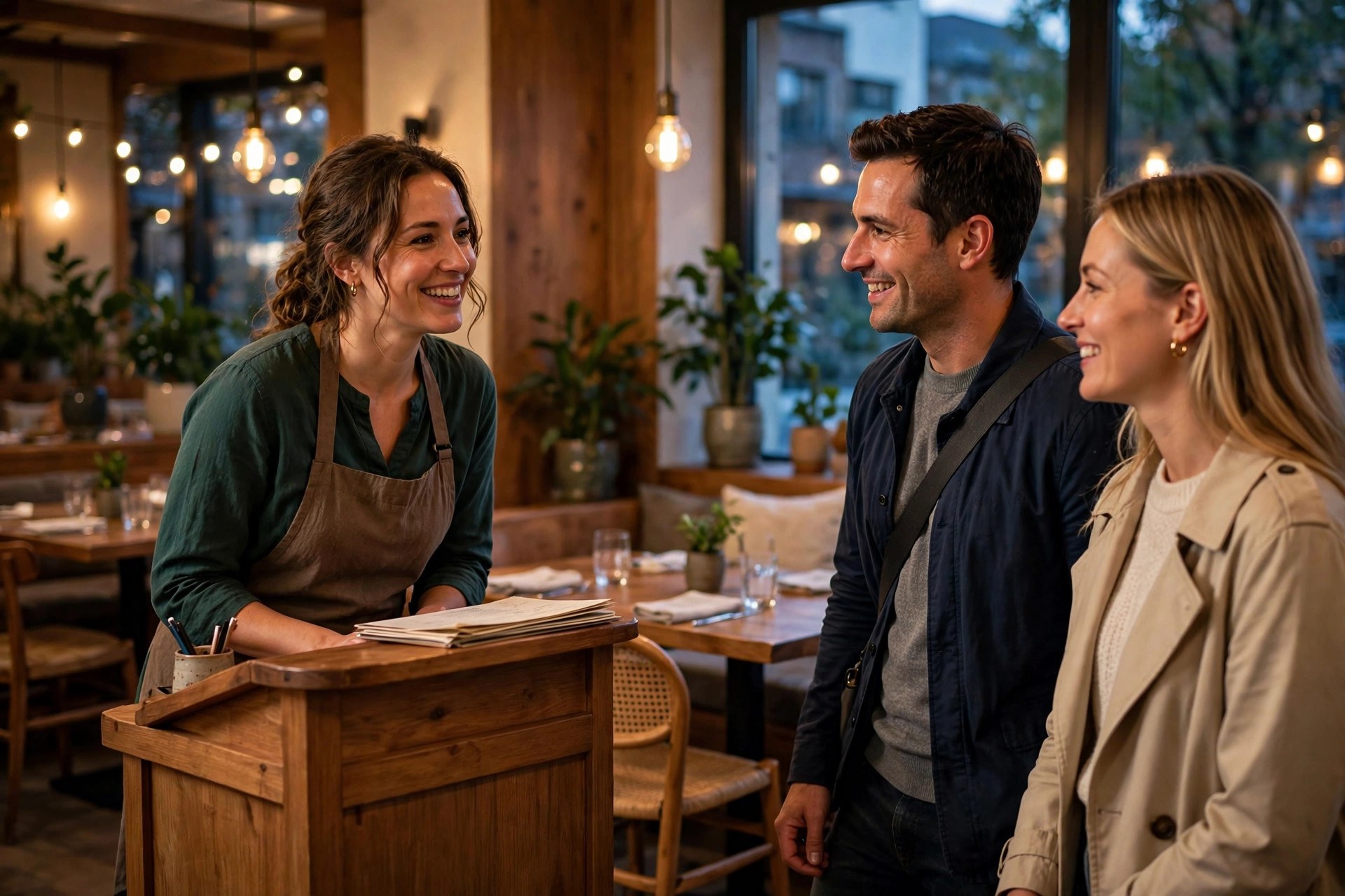 Friendly restaurant host greeting arriving guests at a wooden host stand