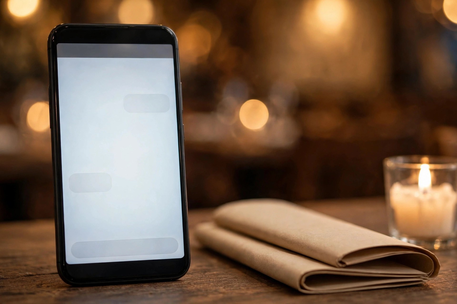 Smartphone with a glowing screen on a restaurant table next to a menu and candle