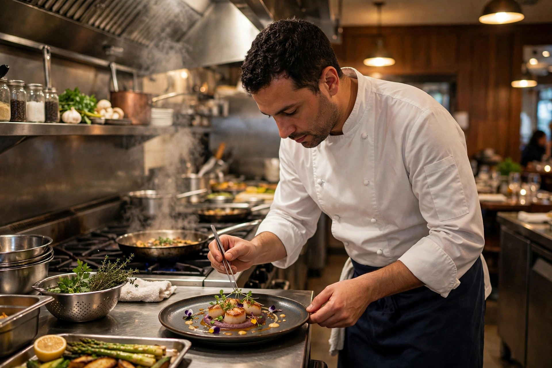 Chef plating an elegant dish in an open restaurant kitchen with steam rising