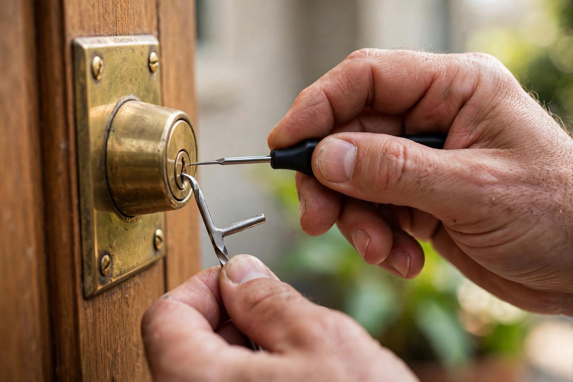 Locksmith's hands using professional tools on a residential front door lock in daylight