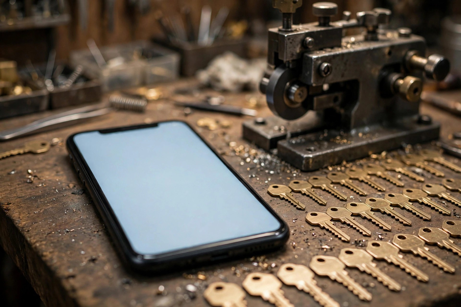 Smartphone with a glowing screen on a locksmith's workbench beside a key-cutting machine