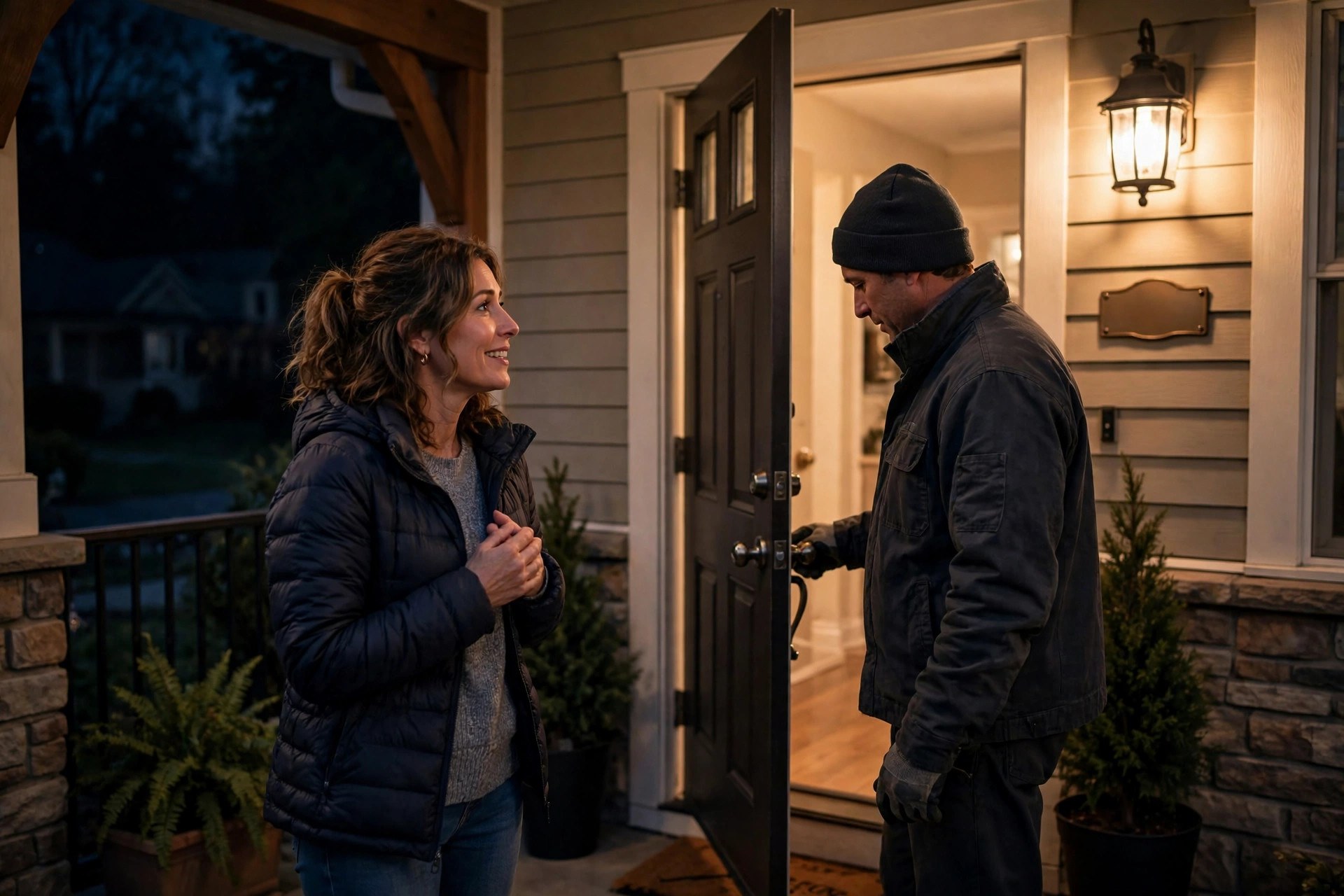 Relieved homeowner at a warmly lit front porch as a locksmith opens the door at night