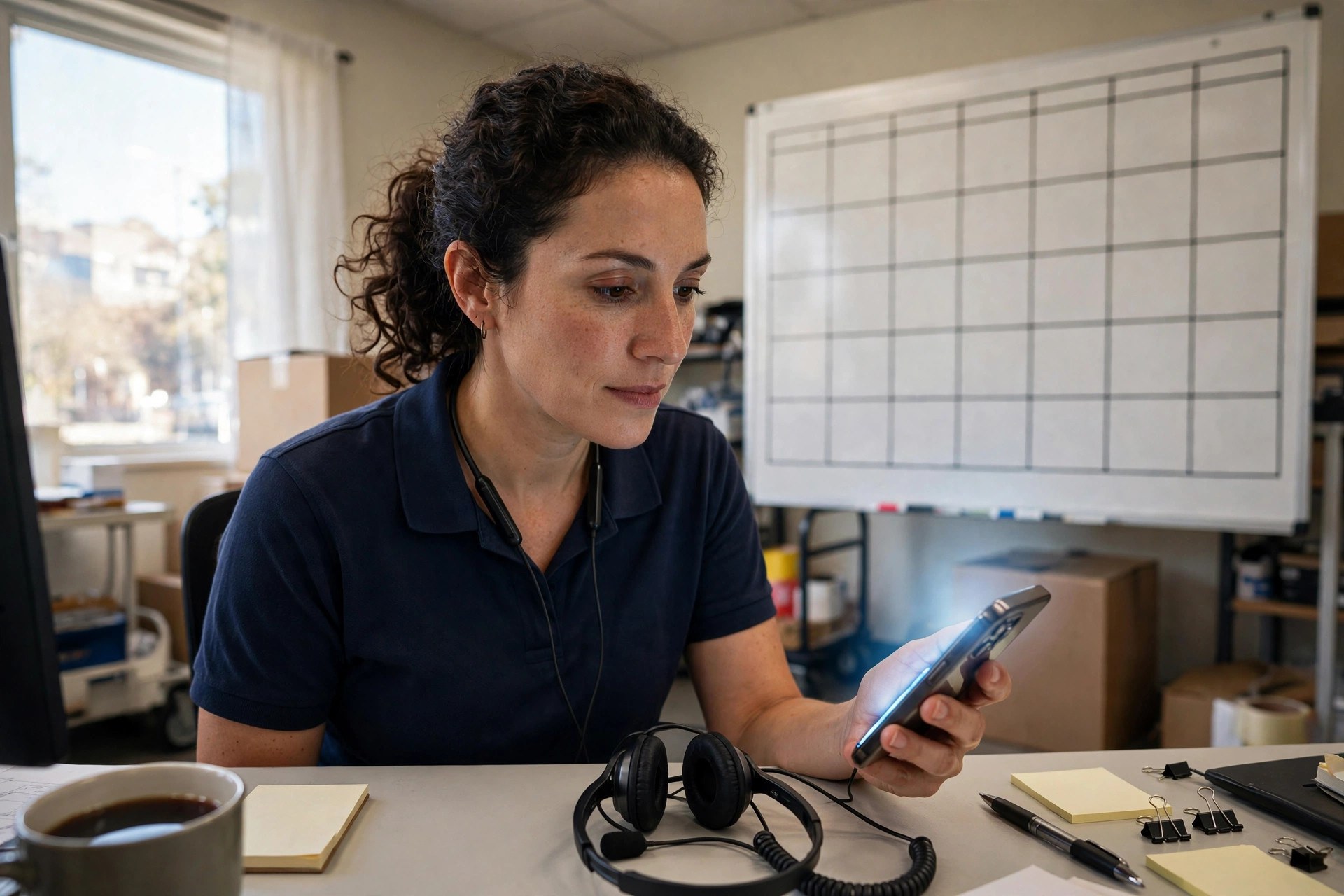 Moving company dispatcher glancing at a smartphone notification in the office while a scheduling whiteboard calendar hangs behind