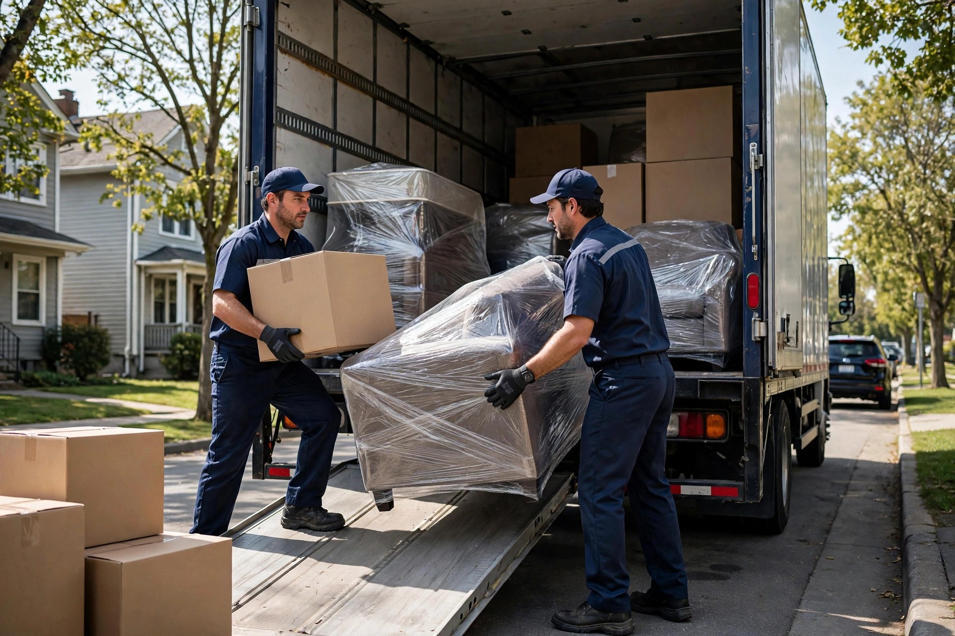 Two professional movers in uniform loading wrapped furniture and cardboard boxes into a moving truck on a sunny street