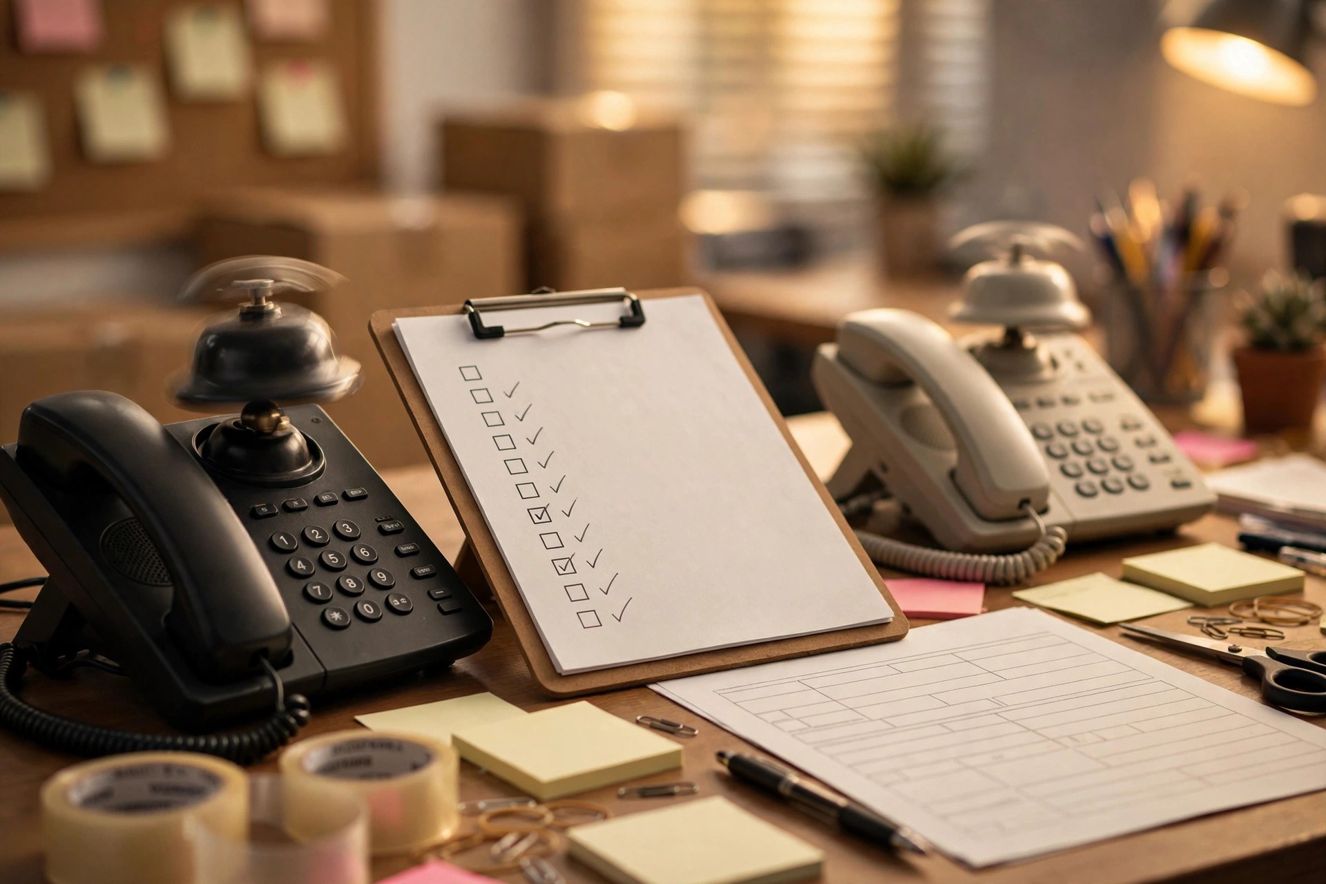 Busy moving company dispatch desk with ringing phones, a clipboard of moving checklists, and quote forms under warm office light