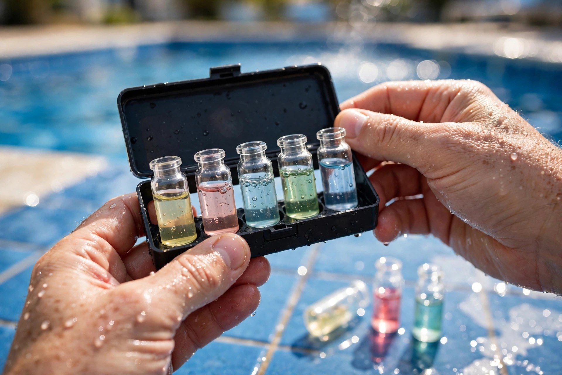 Pool technician hands holding a water test kit with color sample vials beside a residential swimming pool with blue tiles
