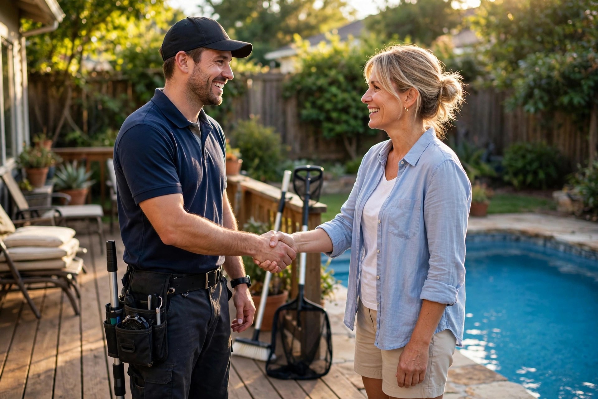 Smiling pool service technician shaking hands with a happy homeowner on a backyard deck beside a clean blue swimming pool