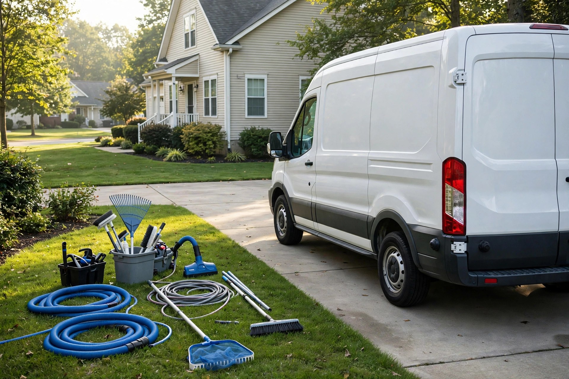 White pool service van parked in a suburban driveway with pool cleaning equipment and hoses on the lawn in morning light
