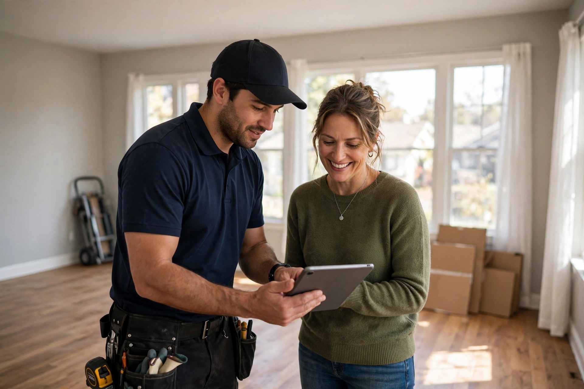 Moving crew leader showing a tablet to a smiling homeowner in an empty room at the end of a move in bright natural light
