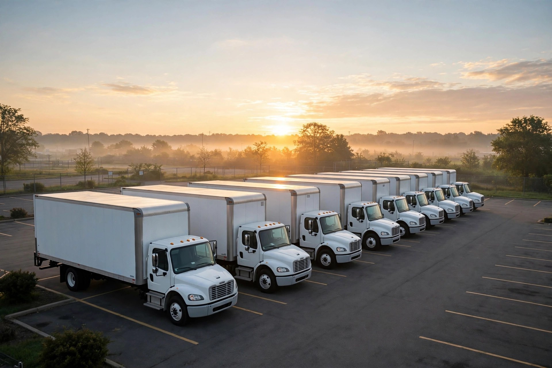 Fleet of white moving trucks parked in a row at a moving company lot at sunrise, clean and professional