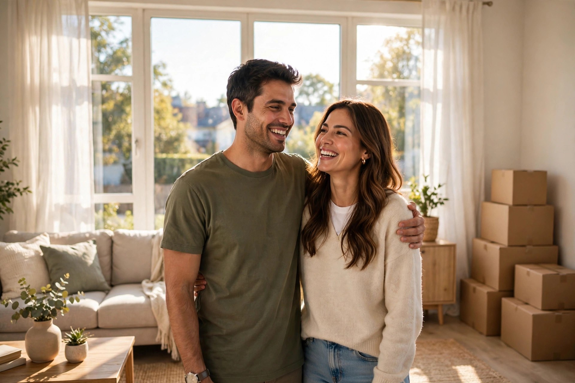 Happy couple standing in their newly furnished living room with moving boxes stacked neatly in the corner in bright sunlight