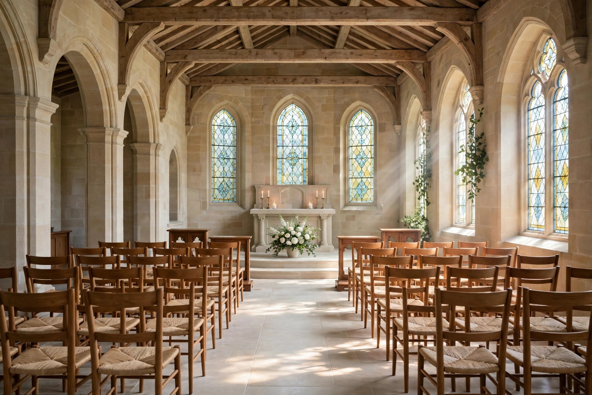 How Much Does a Funeral Home Website Cost? Real Price Bands Elegant chapel interior with soft window light, rows of chairs, and a tasteful white flower arrangement, quiet and reverent