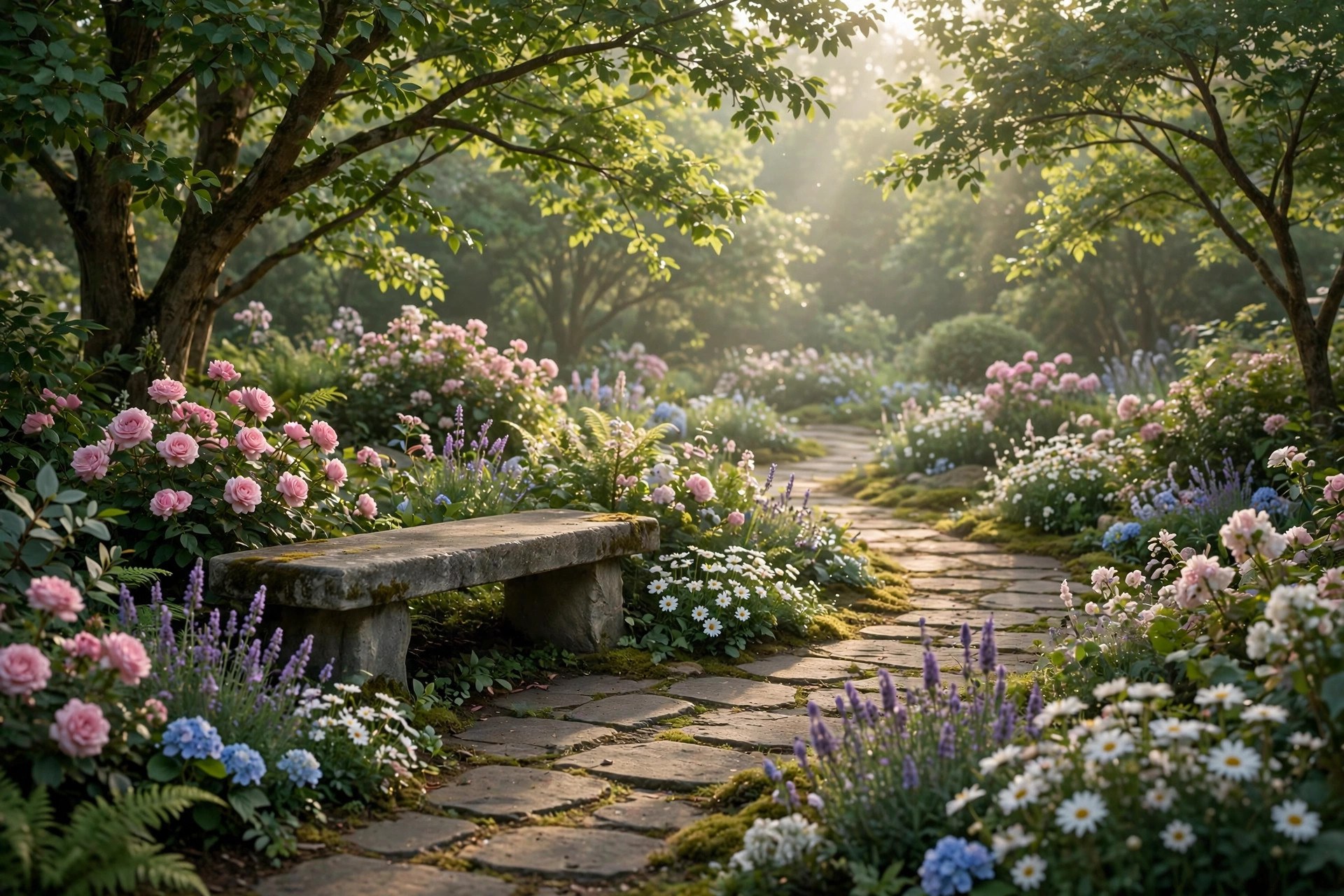 How Much Does a Funeral Home Website Cost? Real Price Bands Peaceful memorial garden with a stone bench, blooming flowers, and a winding path in soft morning light