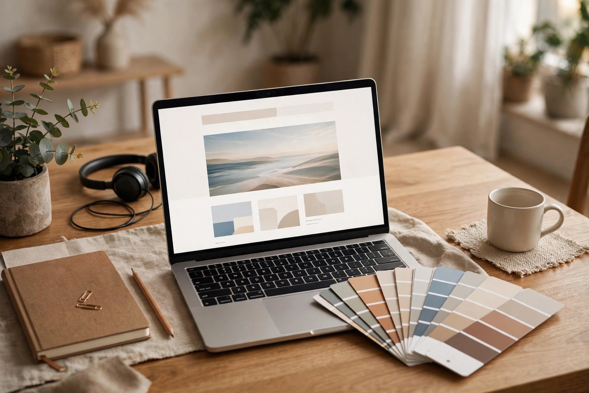 How Much Does a Funeral Home Website Cost? Real Price Bands Web designer desk with a laptop showing a simple elegant website homepage layout, color swatches, and a notebook in soft daylight
