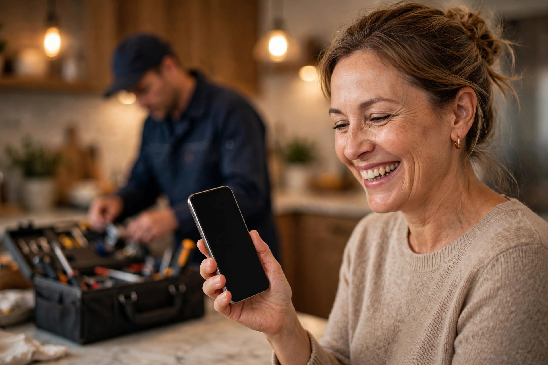 How to Get More Google Reviews for Appliance Repair Companies: The Complete System Smiling homeowner holding a smartphone in her kitchen after a successful appliance repair visit