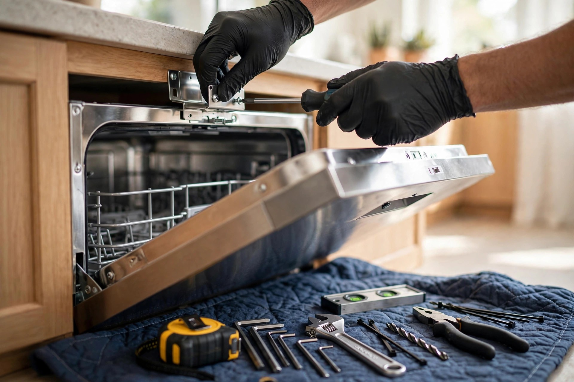 How to Get More Google Reviews for Appliance Repair Companies: The Complete System Technician installing a stainless steel dishwasher with tools laid out on a protective mat