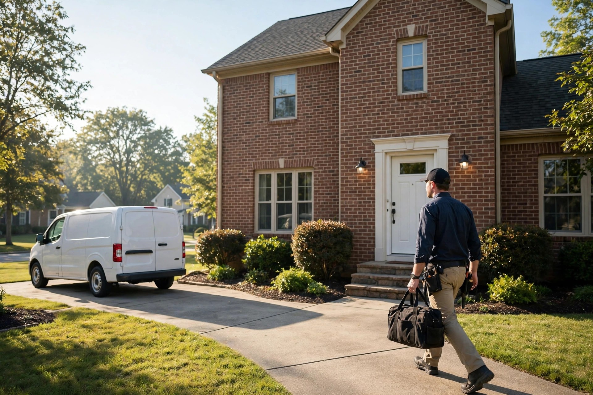 How to Get More Google Reviews for Appliance Repair Companies: The Complete System Appliance repair service van parked in a suburban driveway with a technician walking to the front door