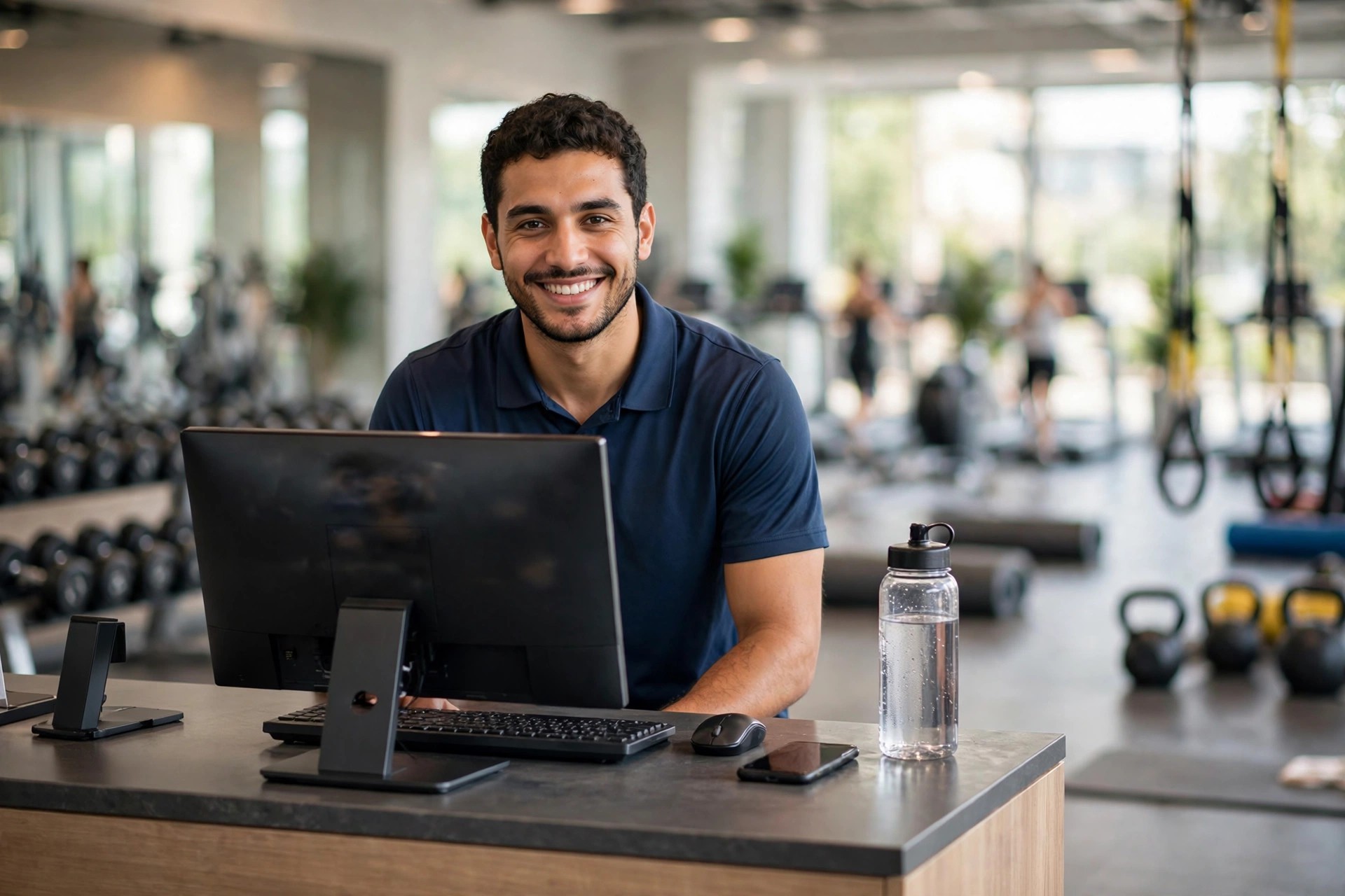 Gym front desk employee working at a modern reception counter with a computer and smartphone