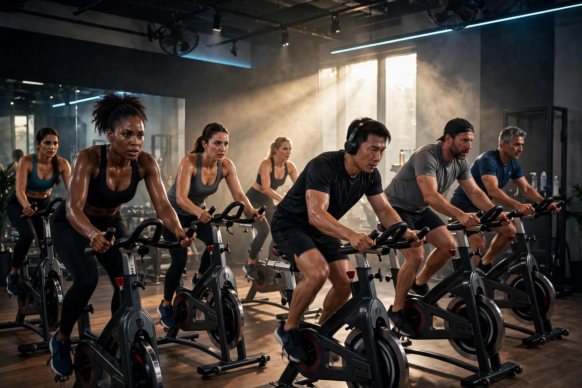 High energy indoor cycling with members working out on spin bikes in a modern studio
