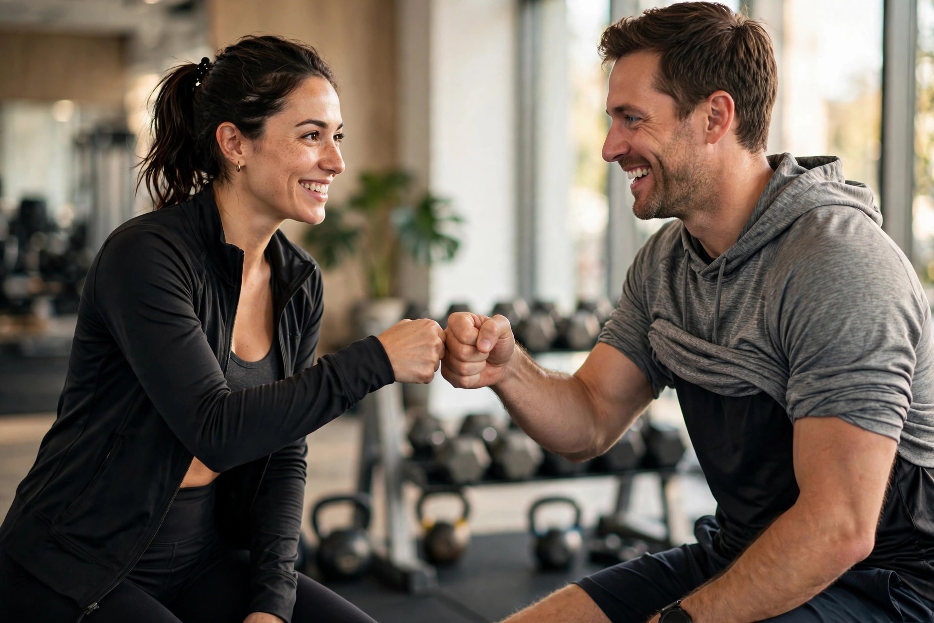Personal trainer fist bumping a smiling client after a workout in a bright modern gym