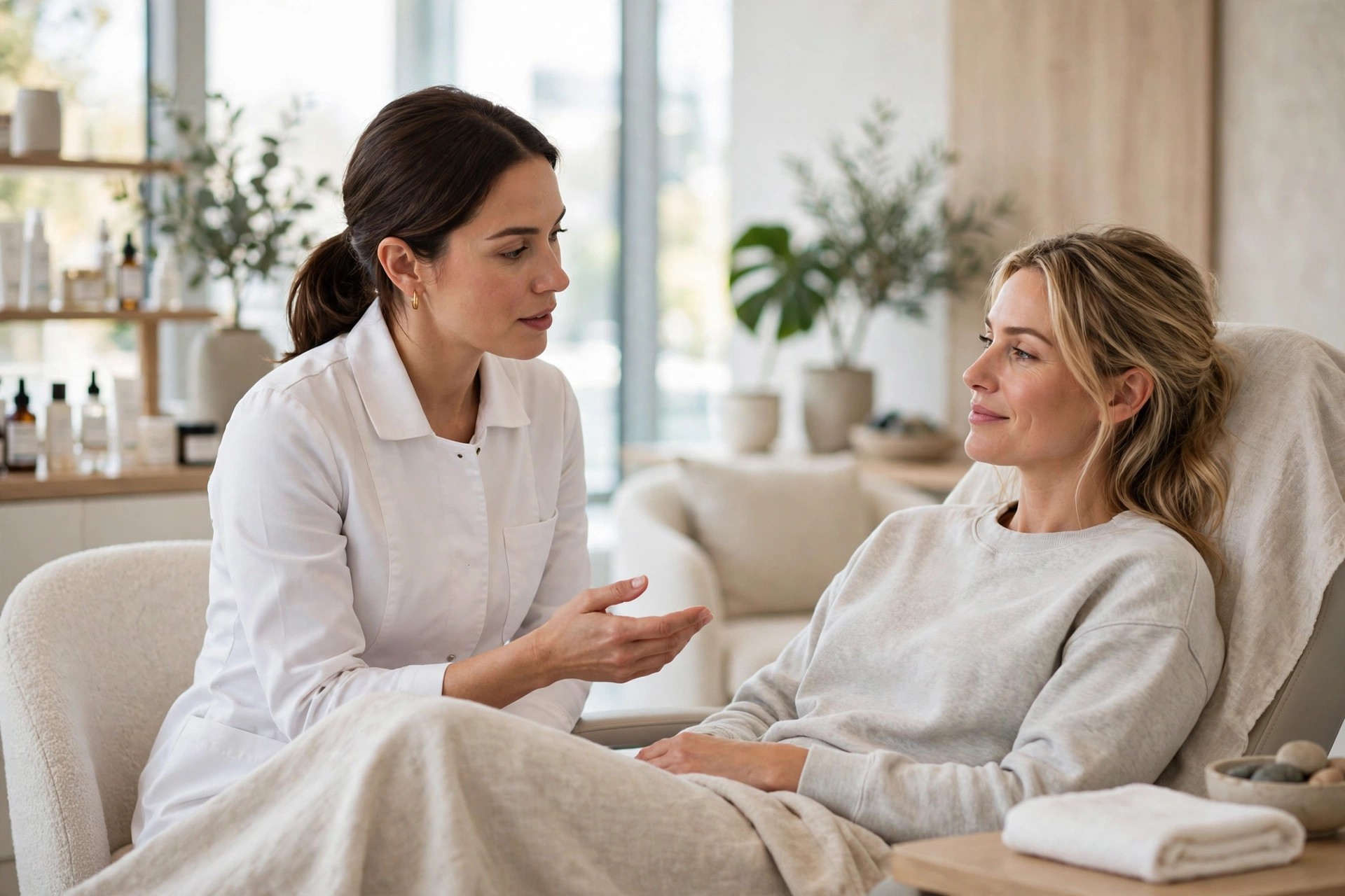 Esthetician in a white uniform consulting with a relaxed client in a modern med spa lounge