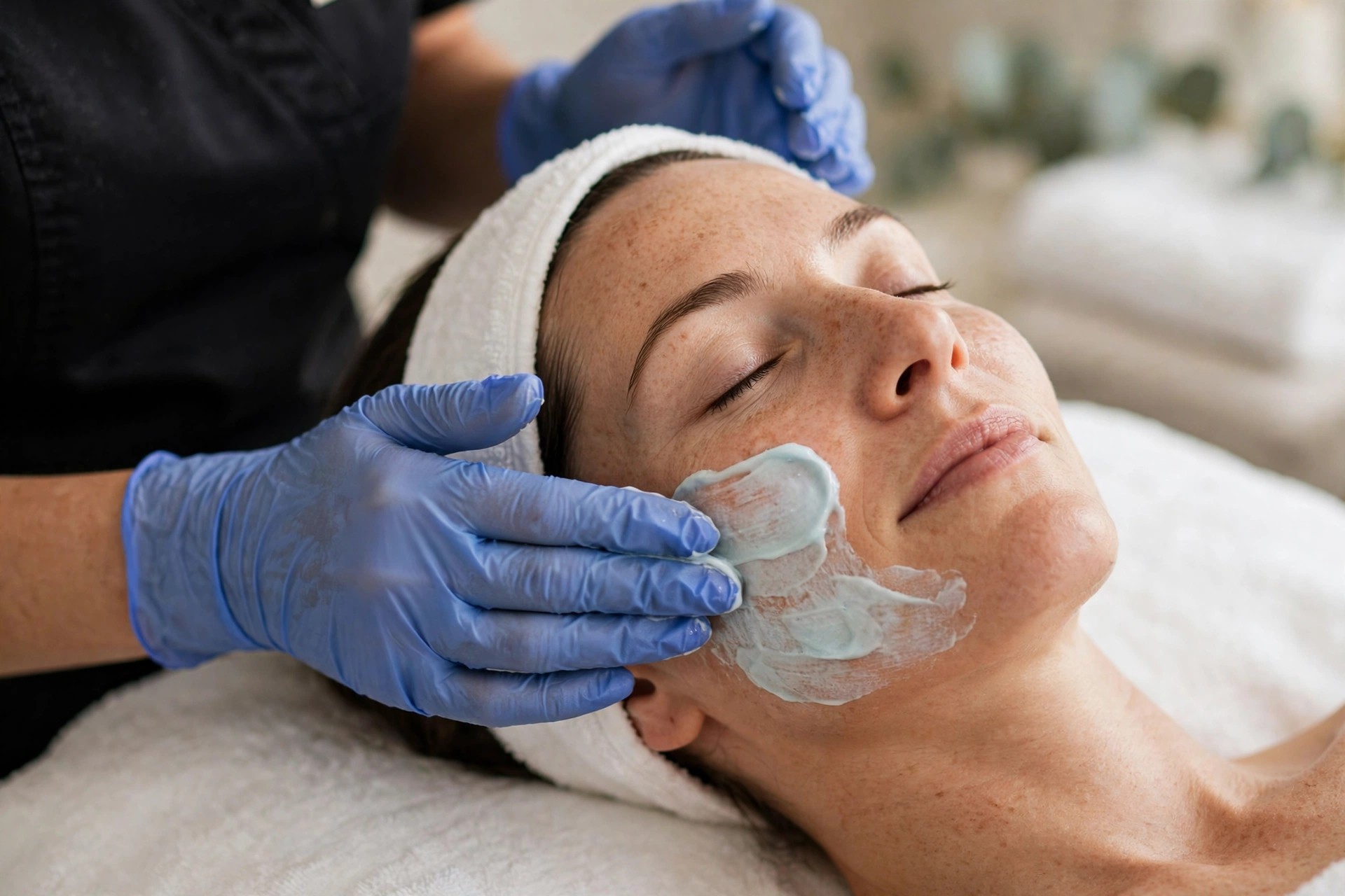 Esthetician applying a cooling cream mask during a gentle facial treatment at a med spa
