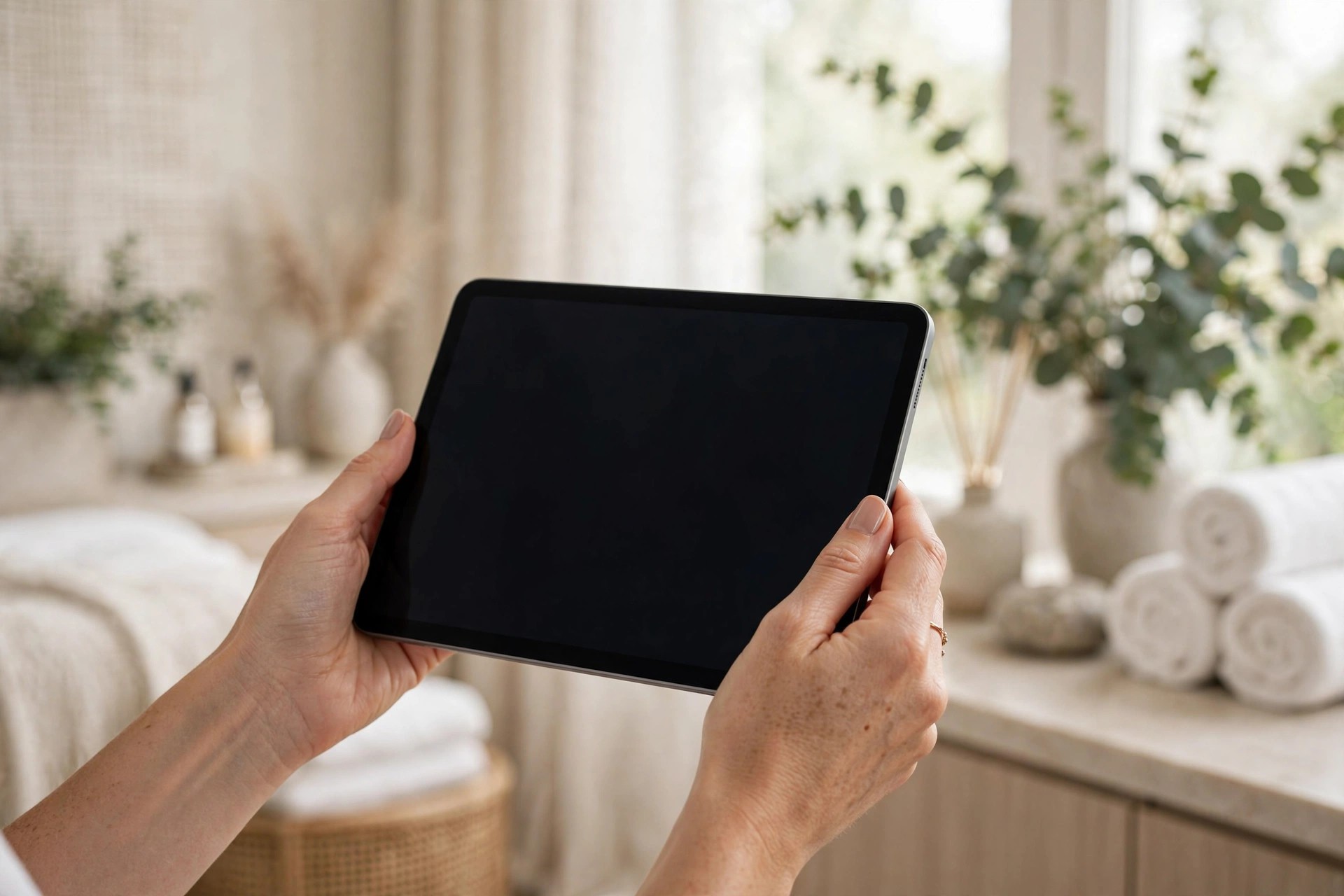 Google Business Profile Optimization for Med Spas: The Complete Playbook Hands holding a tablet showing the treatment menu inside an elegant med spa treatment room