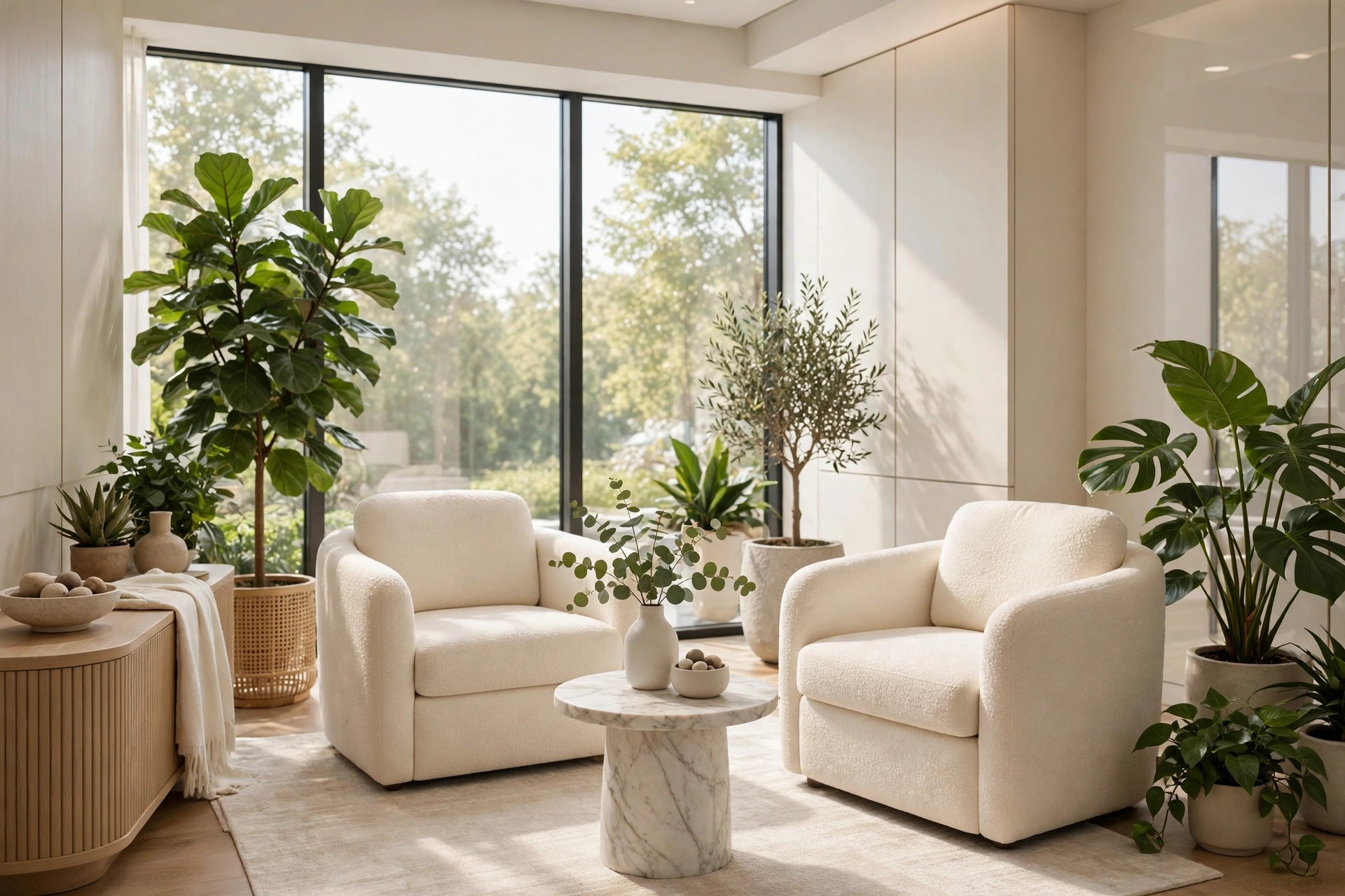 Google Business Profile Optimization for Med Spas: The Complete Playbook Bright modern med spa waiting lounge with cream armchairs, marble table, and green plants