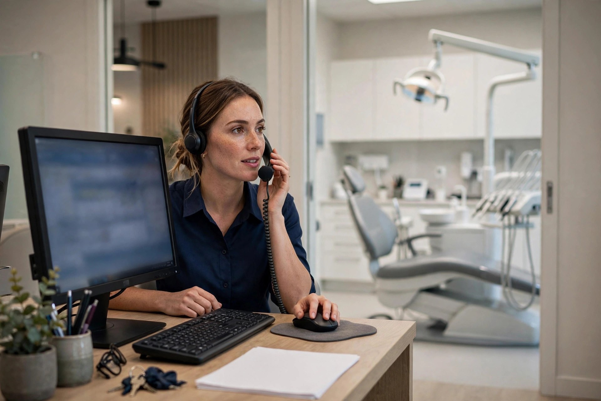Online Booking System for Dental Offices: Costs, Features, and Setup Dental front desk coordinator with a headset confirming patient appointments on a computer