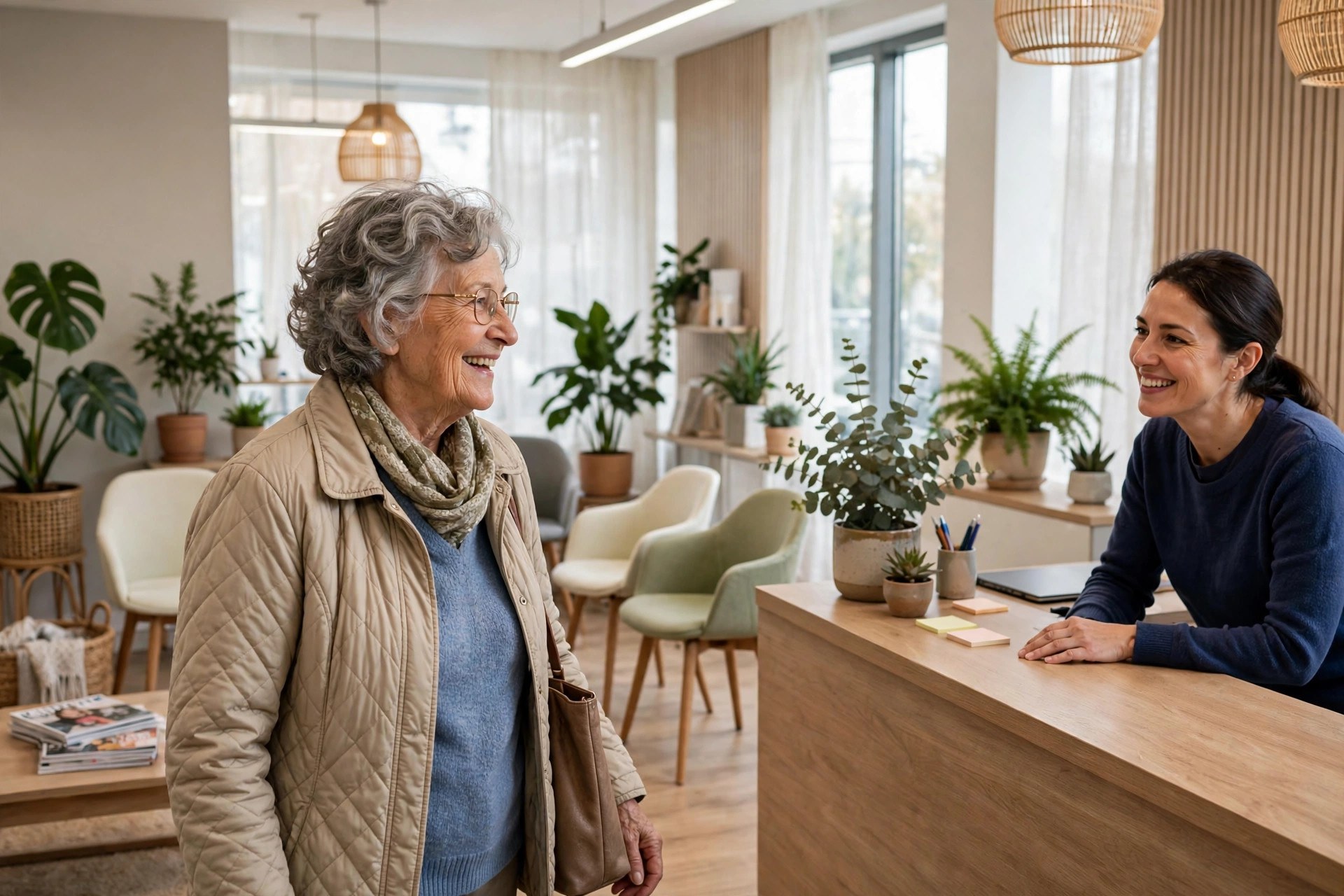 Online Booking System for Dental Offices: Costs, Features, and Setup Smiling patient arriving at a bright modern dental clinic reception area