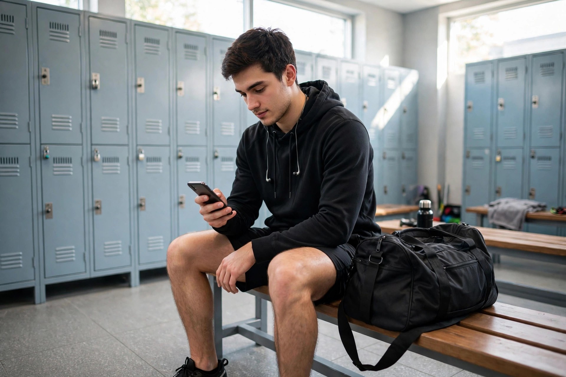 Online Booking System for Gyms: Costs, Features, and Setup Man in athletic wear booking a fitness on his smartphone in a gym locker room