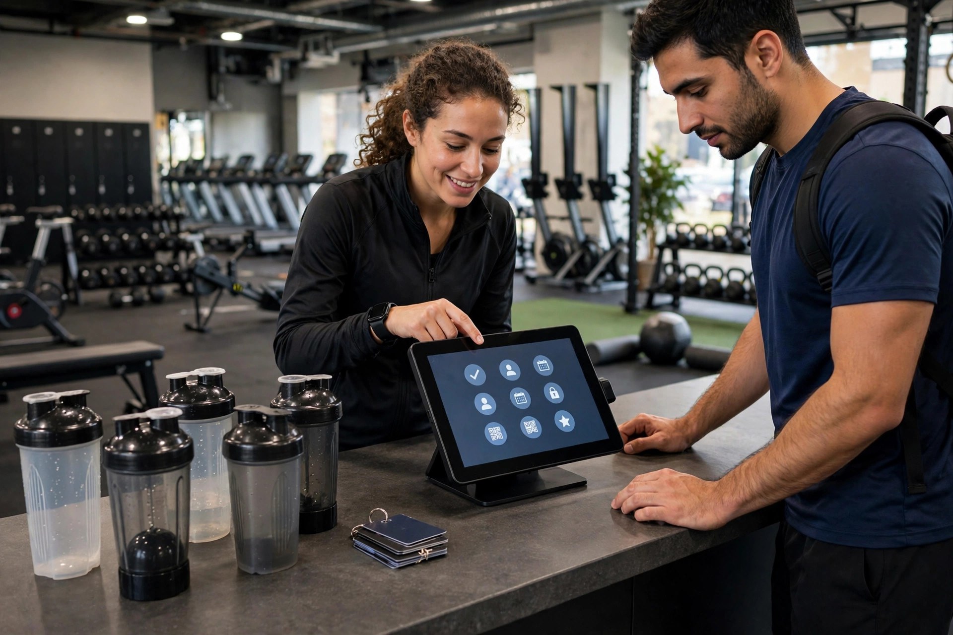 Online Booking System for Gyms: Costs, Features, and Setup Gym receptionist helping a member check in on a touchscreen tablet at the front desk