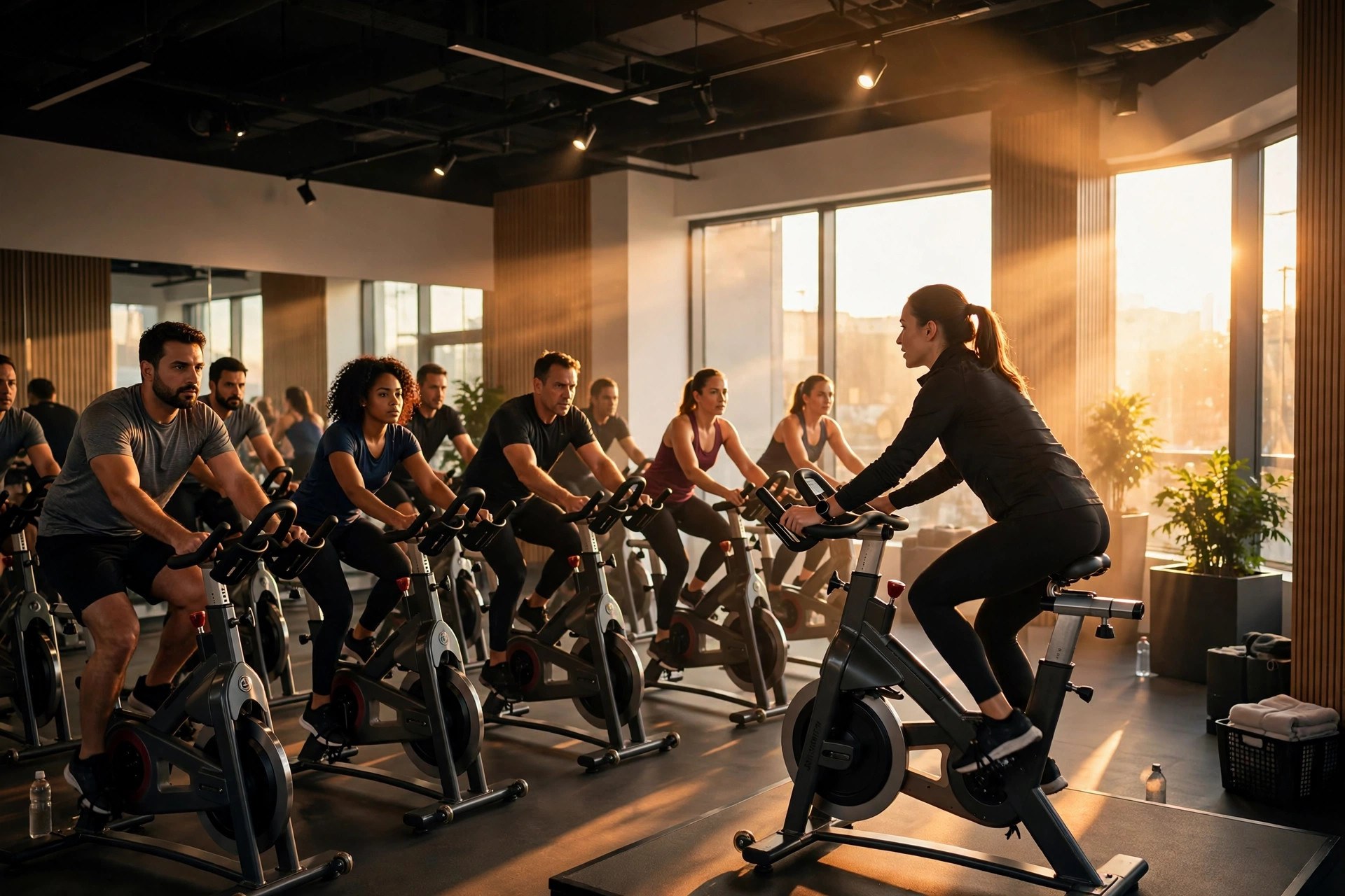 Online Booking System for Gyms: Costs, Features, and Setup Indoor cycling in progress at a bright modern gym studio