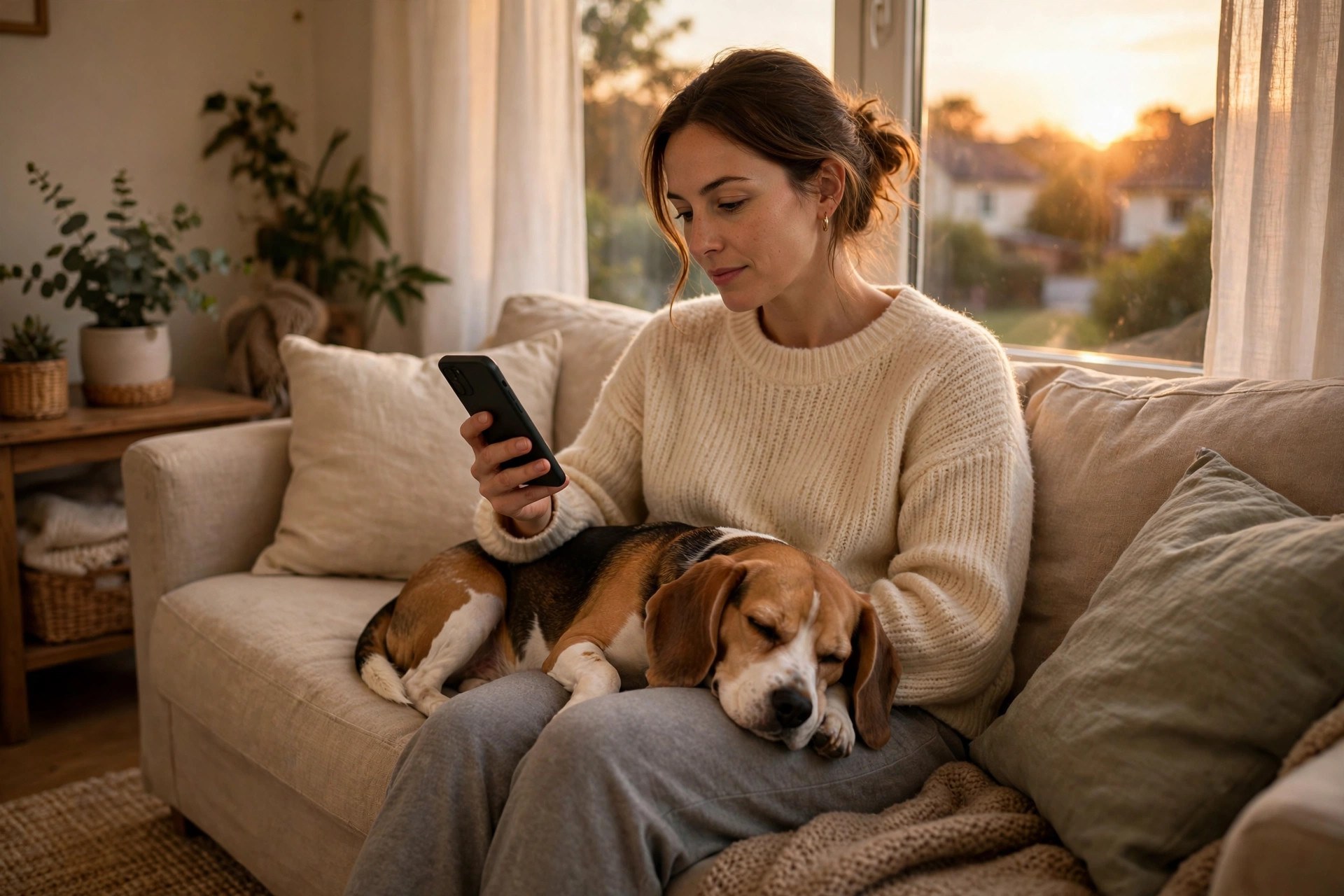 Online Booking System for Veterinary Clinics: Costs, Features, and Setup Woman booking a vet appointment on her smartphone at home with her beagle resting nearby