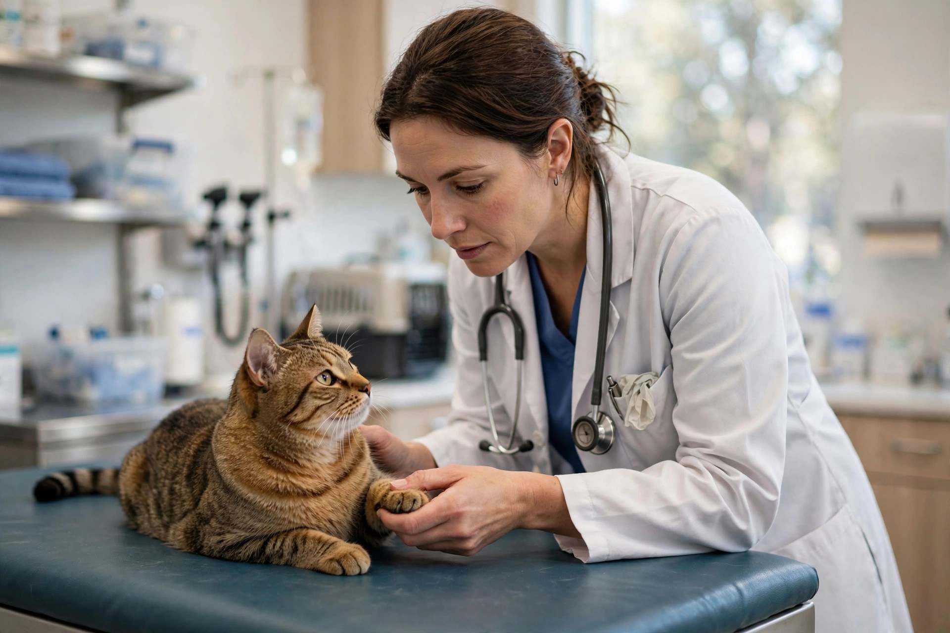 Online Booking System for Veterinary Clinics: Costs, Features, and Setup Veterinarian in a white coat gently examining a tabby cat in a bright modern animal clinic