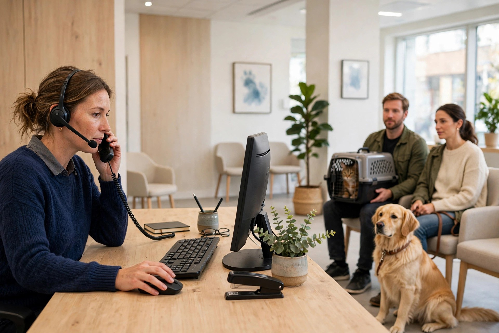 Online Booking System for Veterinary Clinics: Costs, Features, and Setup Veterinary clinic front desk staff member with a headset scheduling appointments while pet owners wait