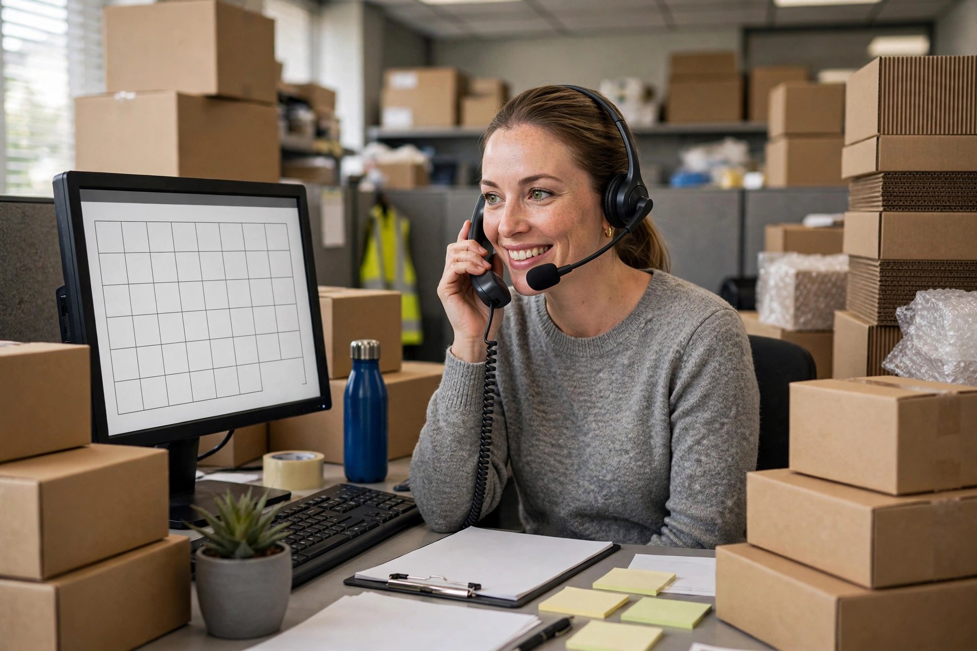 Friendly dispatcher wearing a headset answering customer calls at a moving company office