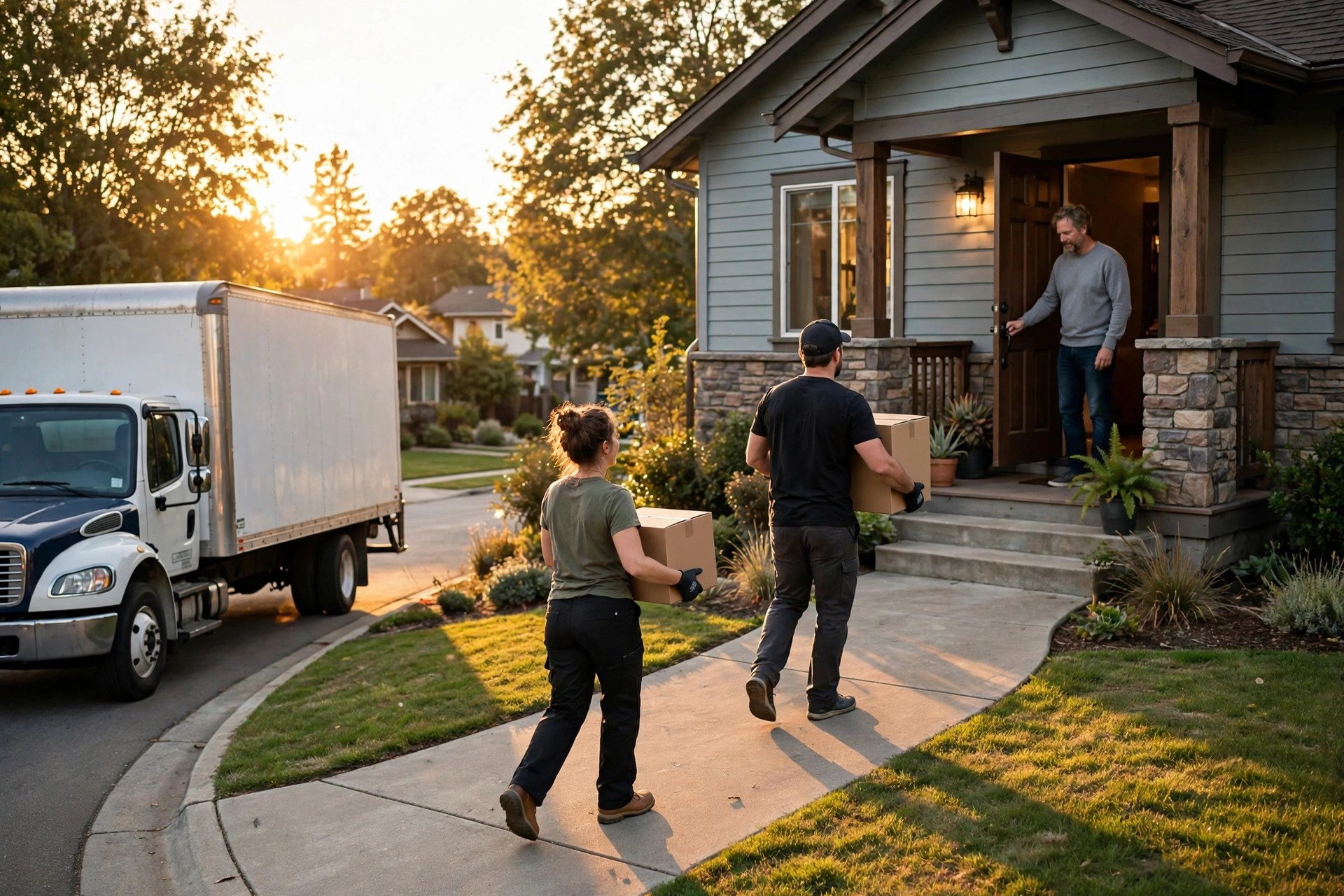 Moving truck parked in front of a house with movers carrying boxes up the driveway