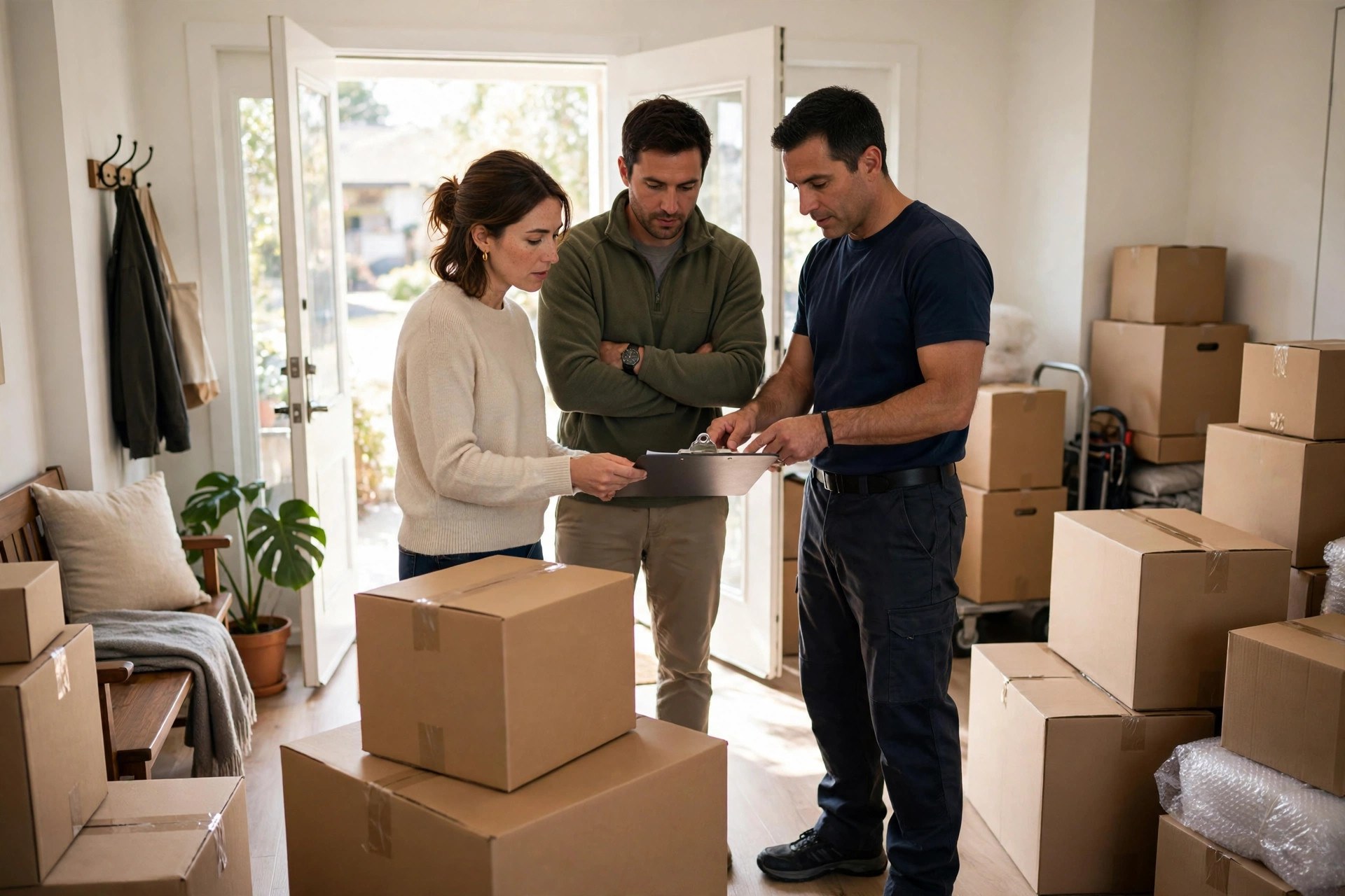 Homeowner couple reviewing moving paperwork with a professional mover in a bright entryway